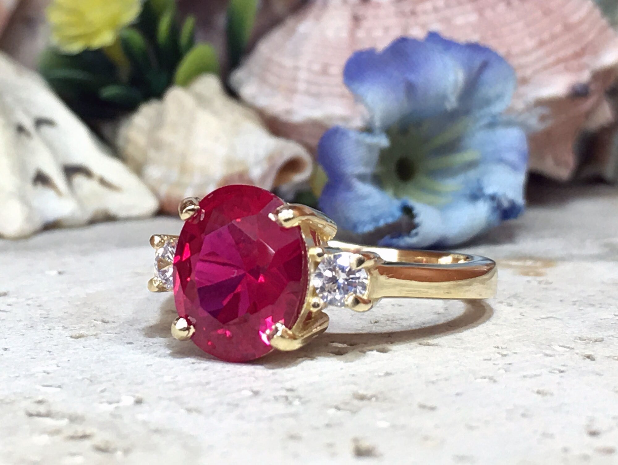 Oval Ruby Statement Ring with Clear Quartz Accents - H.L.Jewelry