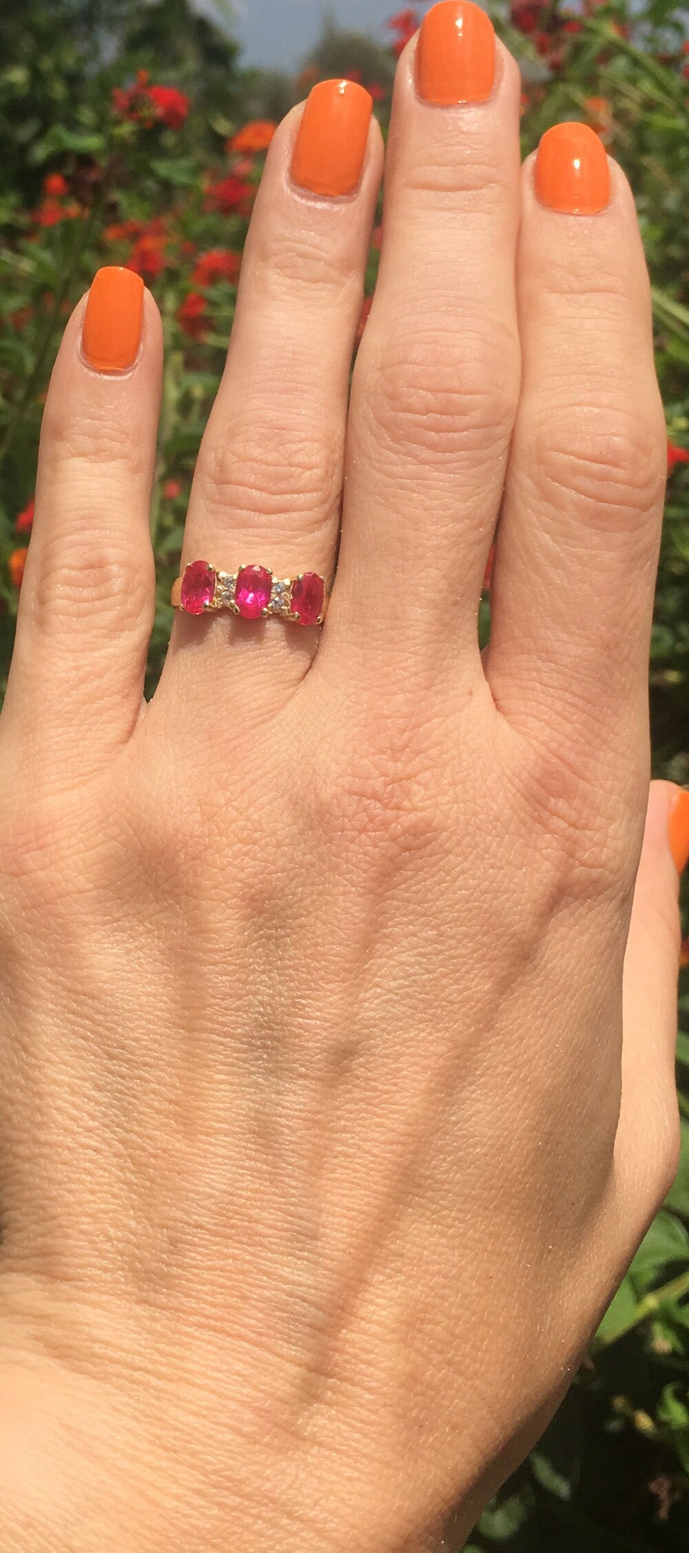 Oval Ruby Three-Stone Ring with Clear Quartz Accents - H.L.Jewelry