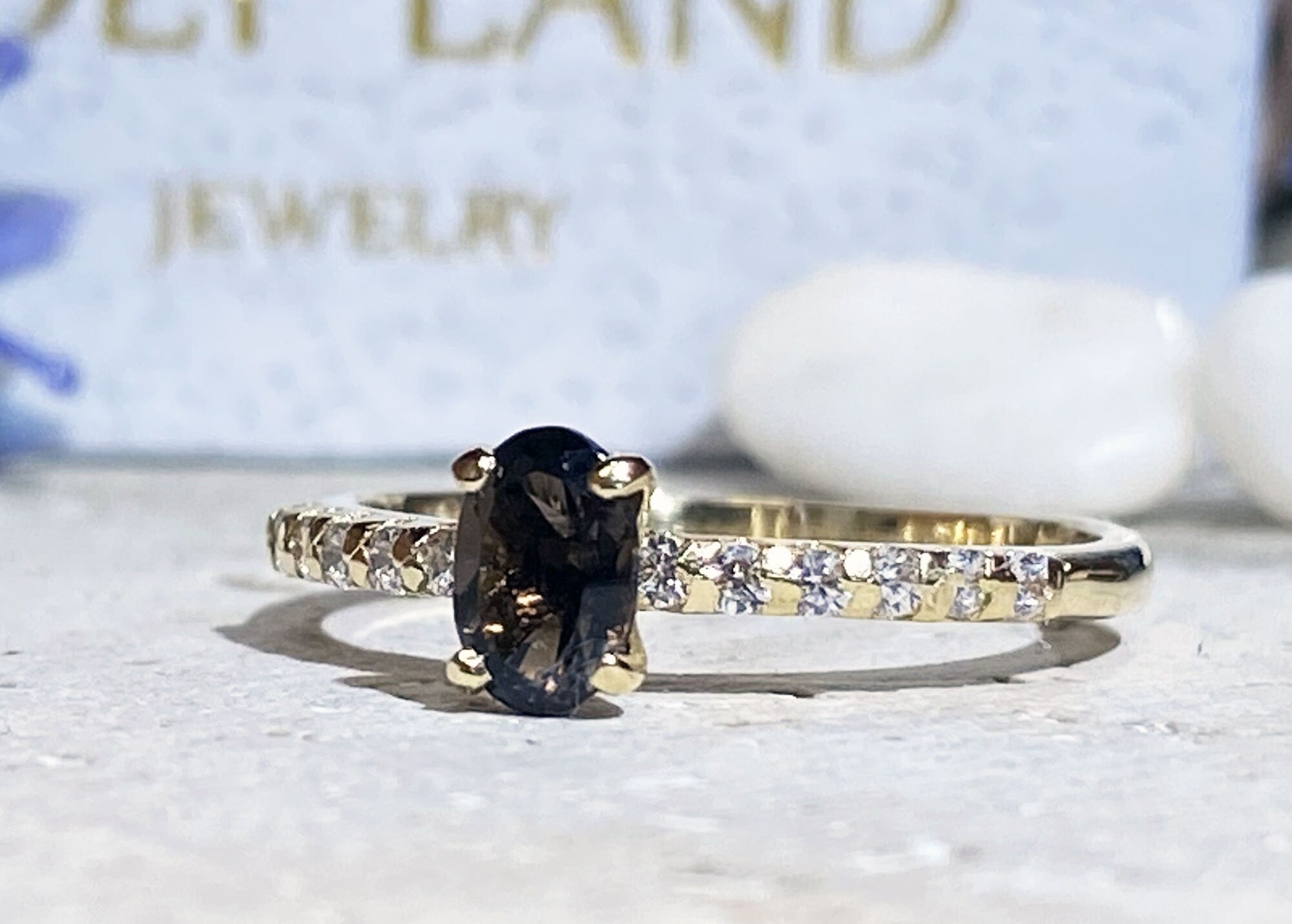 Oval Smoky Quartz Delicate Ring with Clear Quartz Accents - H.L.Jewelry