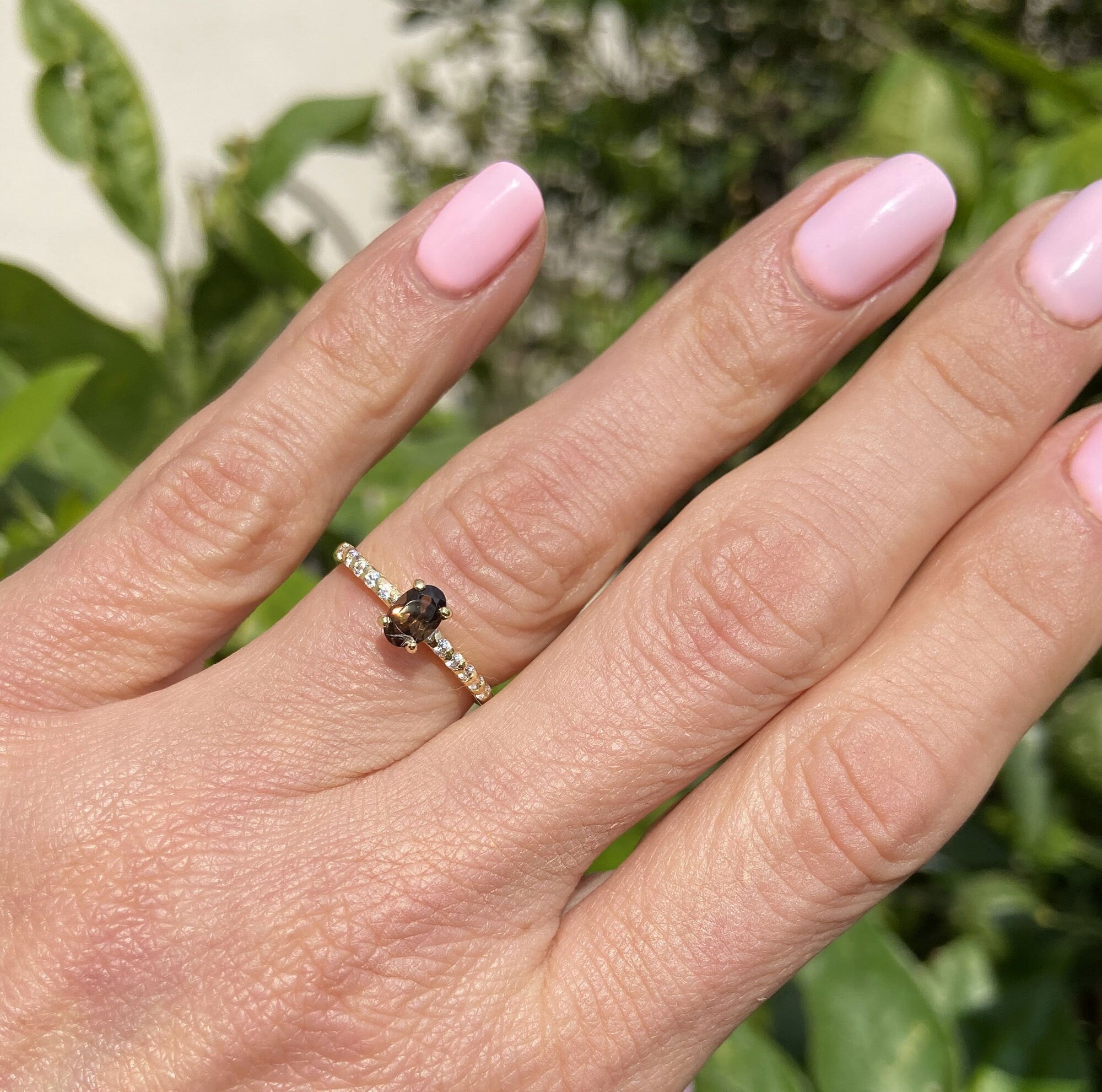 Oval Smoky Quartz Delicate Ring with Clear Quartz Accents - H.L.Jewelry