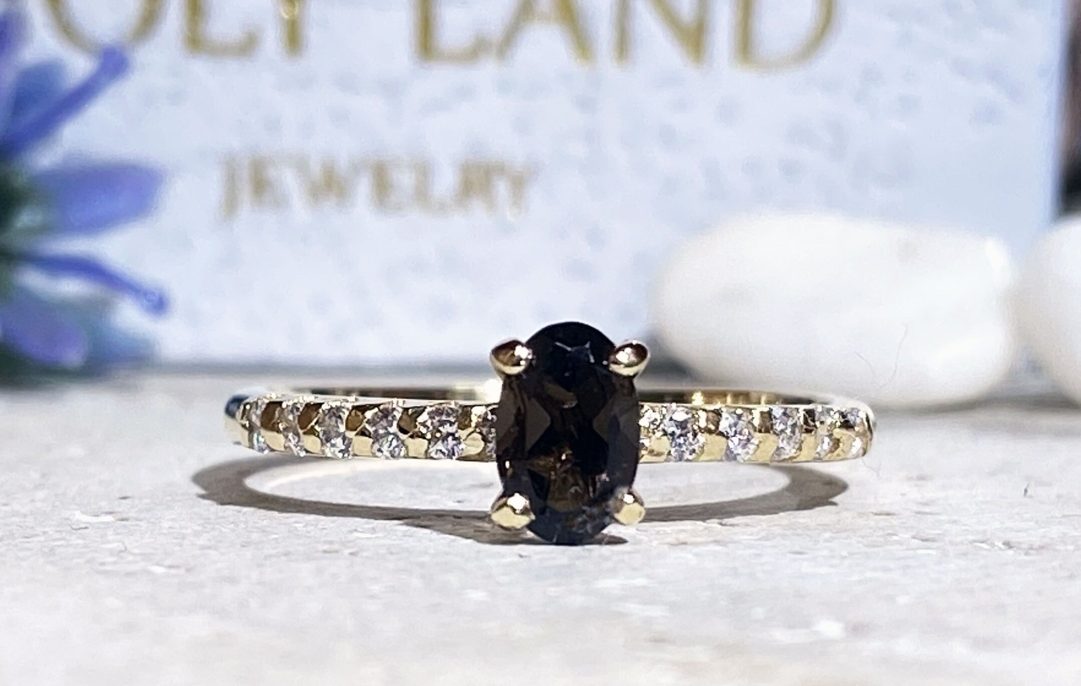 Oval Smoky Quartz Delicate Ring with Clear Quartz Accents - H.L.Jewelry