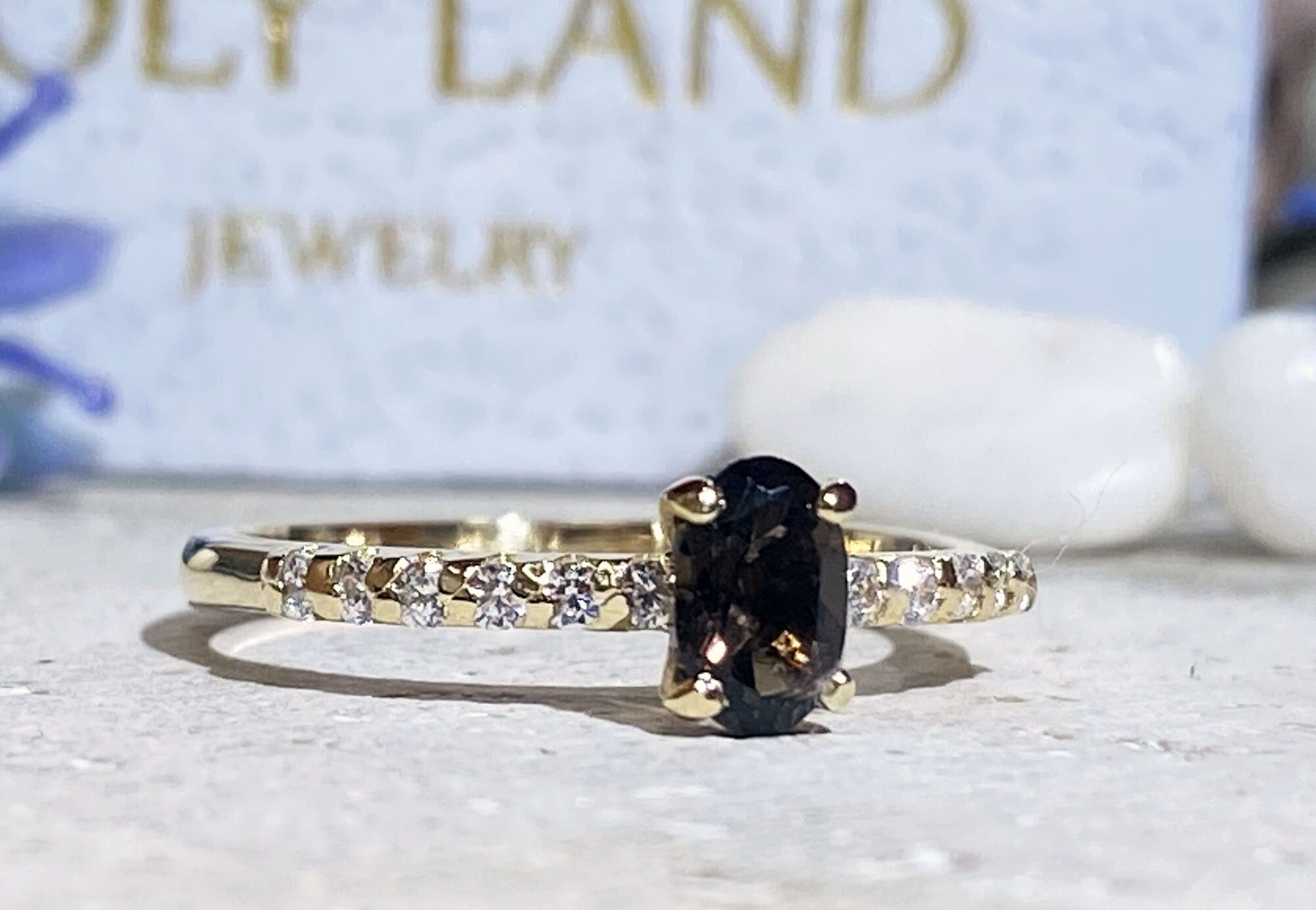 Oval Smoky Quartz Delicate Ring with Clear Quartz Accents - H.L.Jewelry