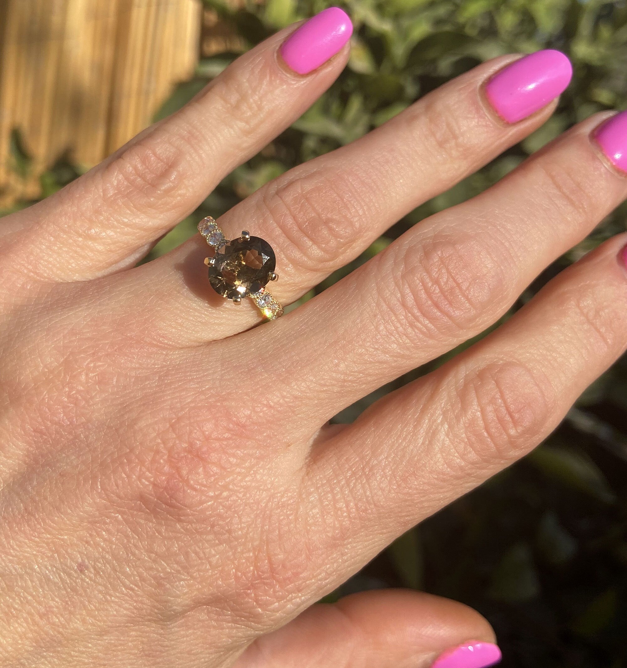 Oval Smoky Quartz Engagement Ring with Clear Quartz Side Accents - H.L.Jewelry