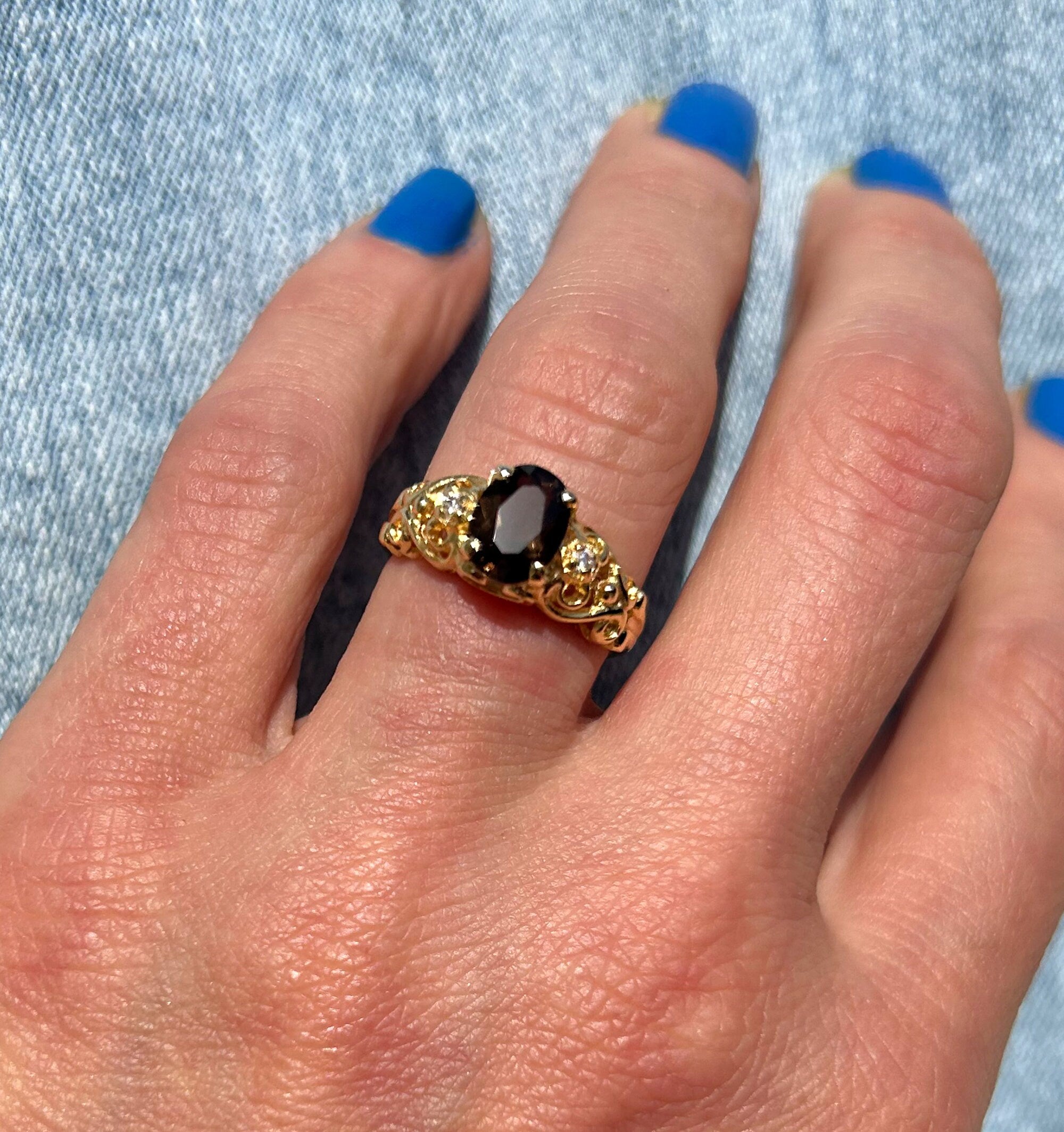 Oval Smoky Quartz Filigree Ring with Clear Quartz Accents - H.L.Jewelry