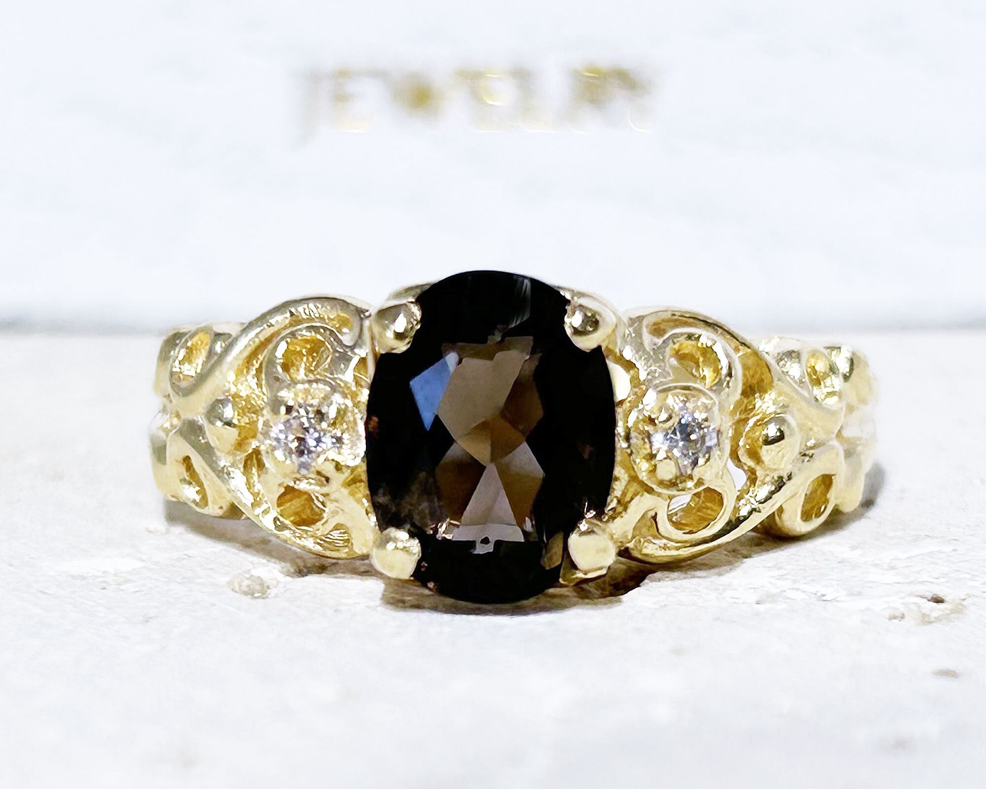 Oval Smoky Quartz Filigree Ring with Clear Quartz Accents - H.L.Jewelry