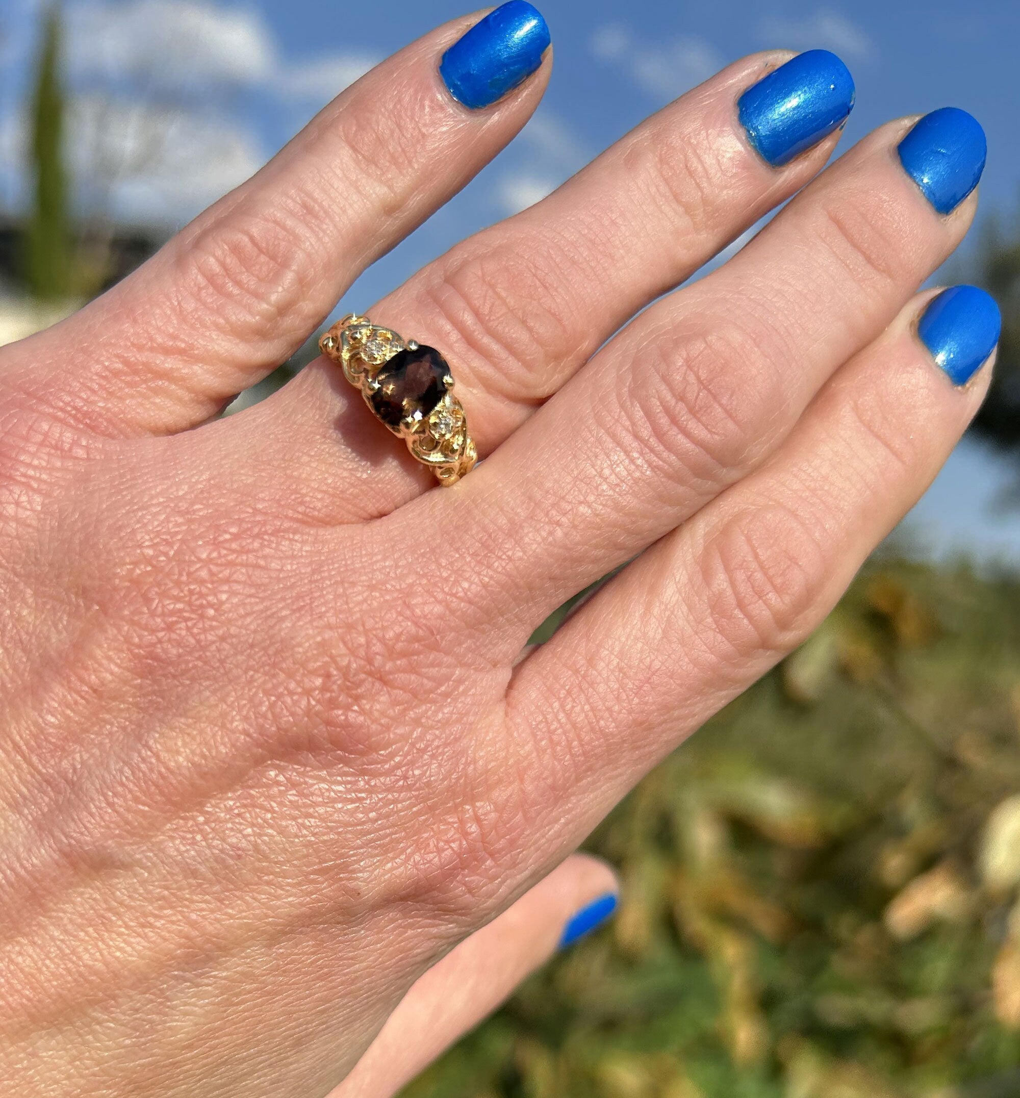 Oval Smoky Quartz Filigree Ring with Clear Quartz Accents - H.L.Jewelry