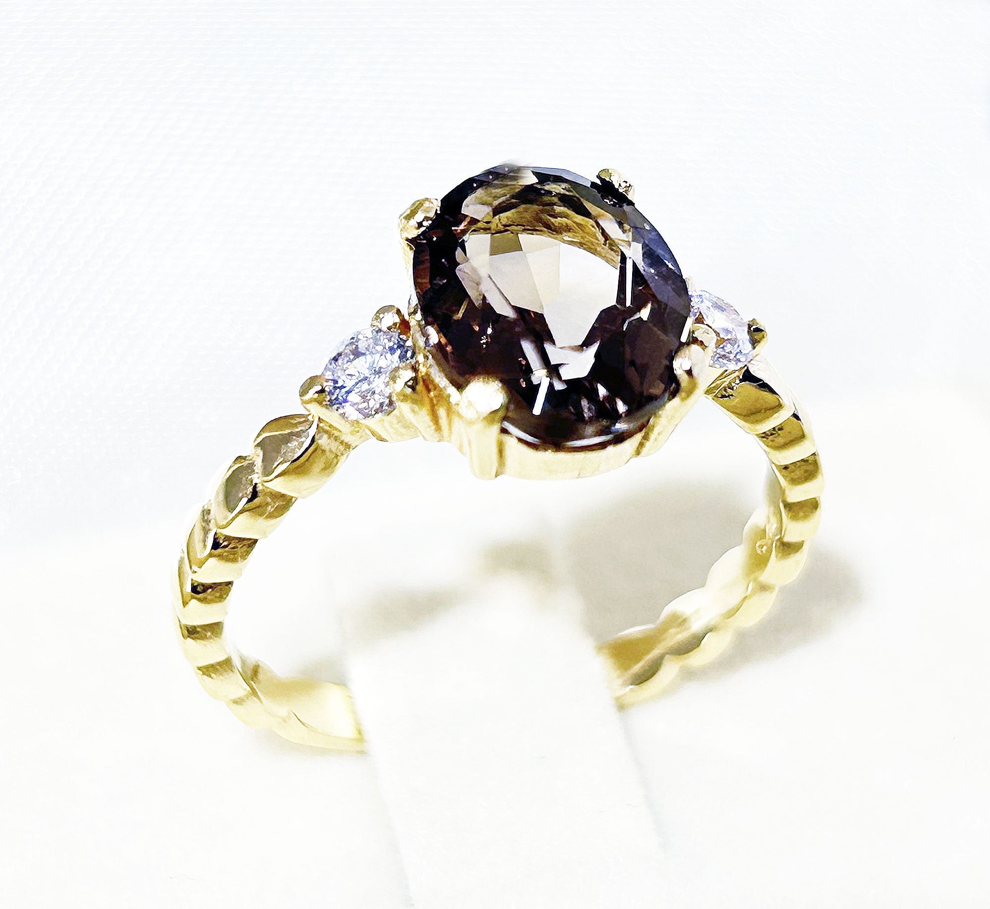 Oval Smoky Quartz Ring with Clear Quartz Accents - H.L.Jewelry