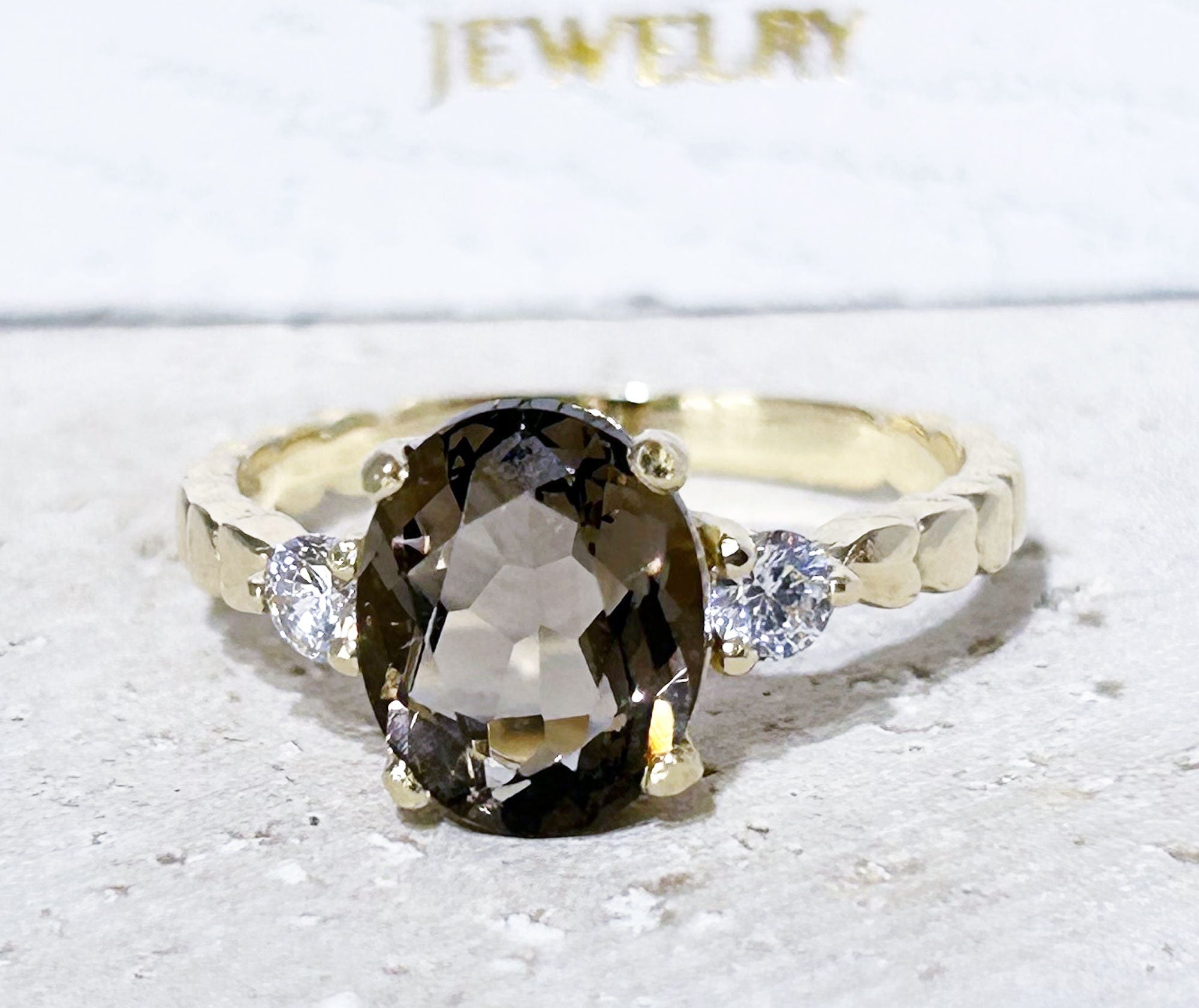 Oval Smoky Quartz Ring with Clear Quartz Accents - H.L.Jewelry