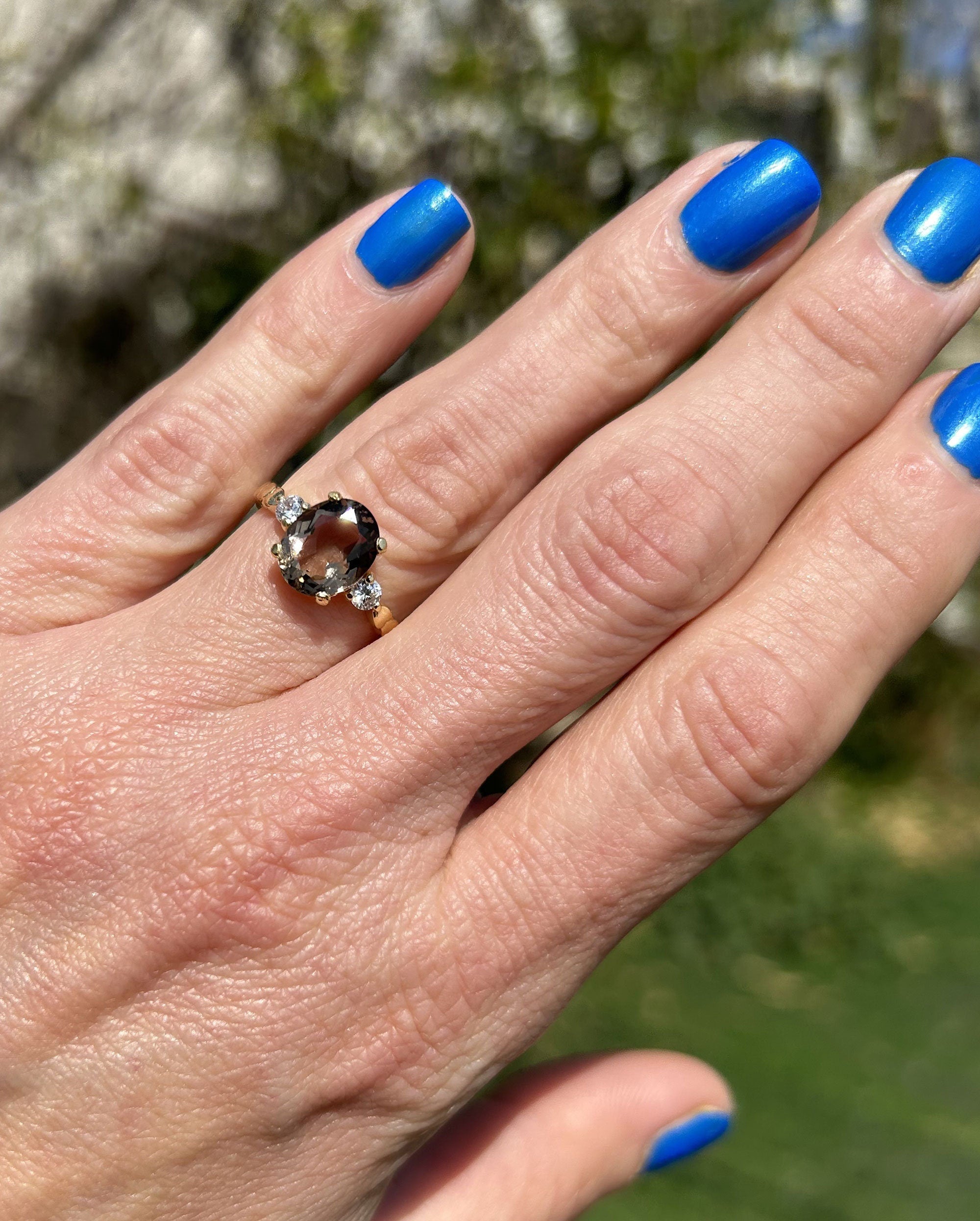 Oval Smoky Quartz Ring with Clear Quartz Accents - H.L.Jewelry