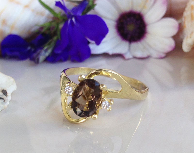 Oval Smoky Quartz Ring with Clear Quartz Accents - H.L.Jewelry