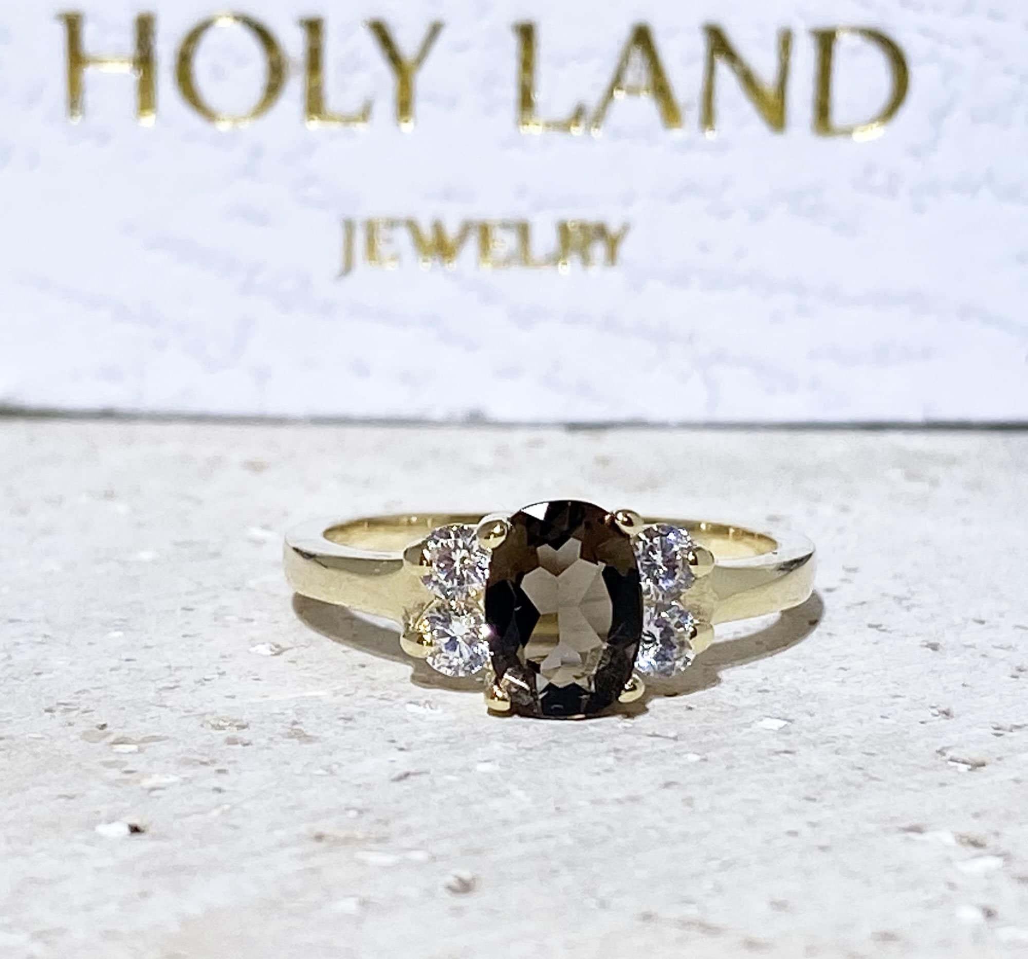 Oval Smoky Quartz Ring with Clear Quartz Accents - H.L.Jewelry