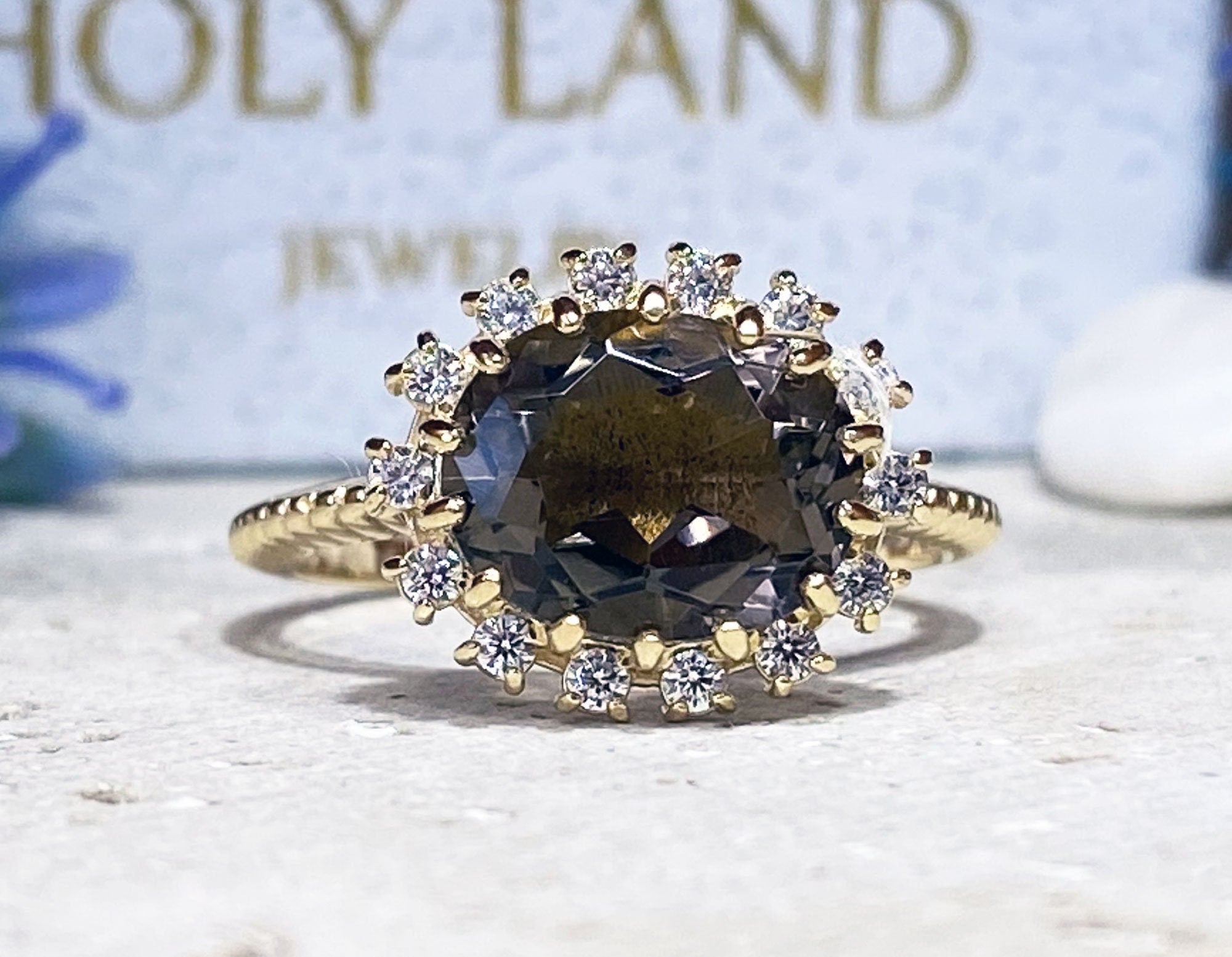 Oval Smoky Quartz Ring with Clear Quartz Halo - H.L.Jewelry