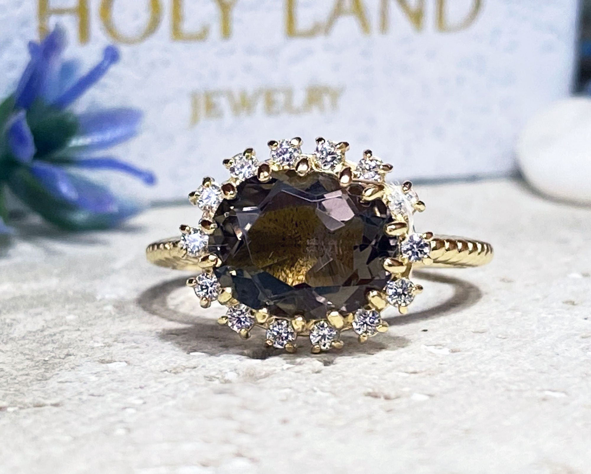 Oval Smoky Quartz Ring with Clear Quartz Halo - H.L.Jewelry