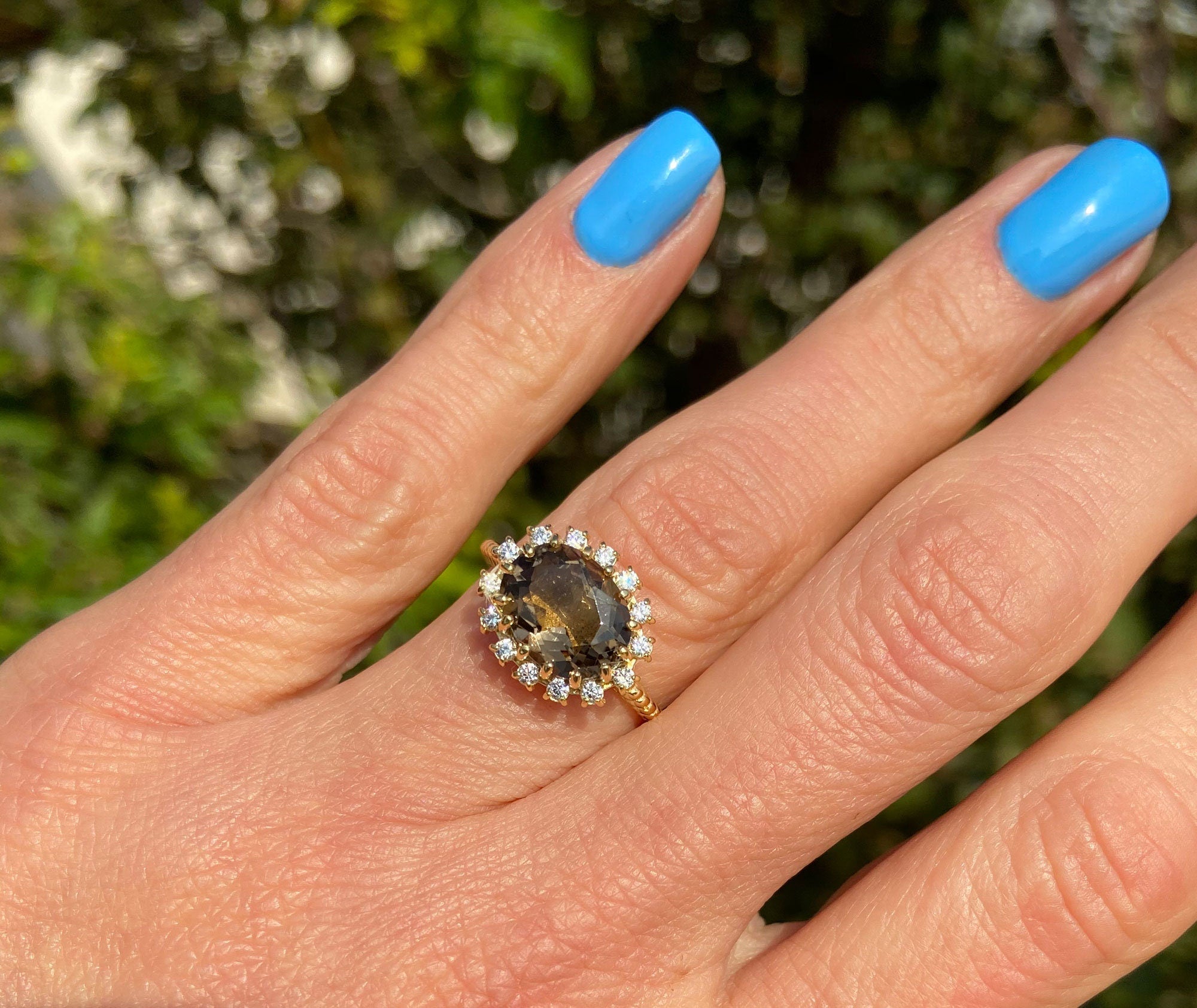 Oval Smoky Quartz Ring with Clear Quartz Halo - H.L.Jewelry