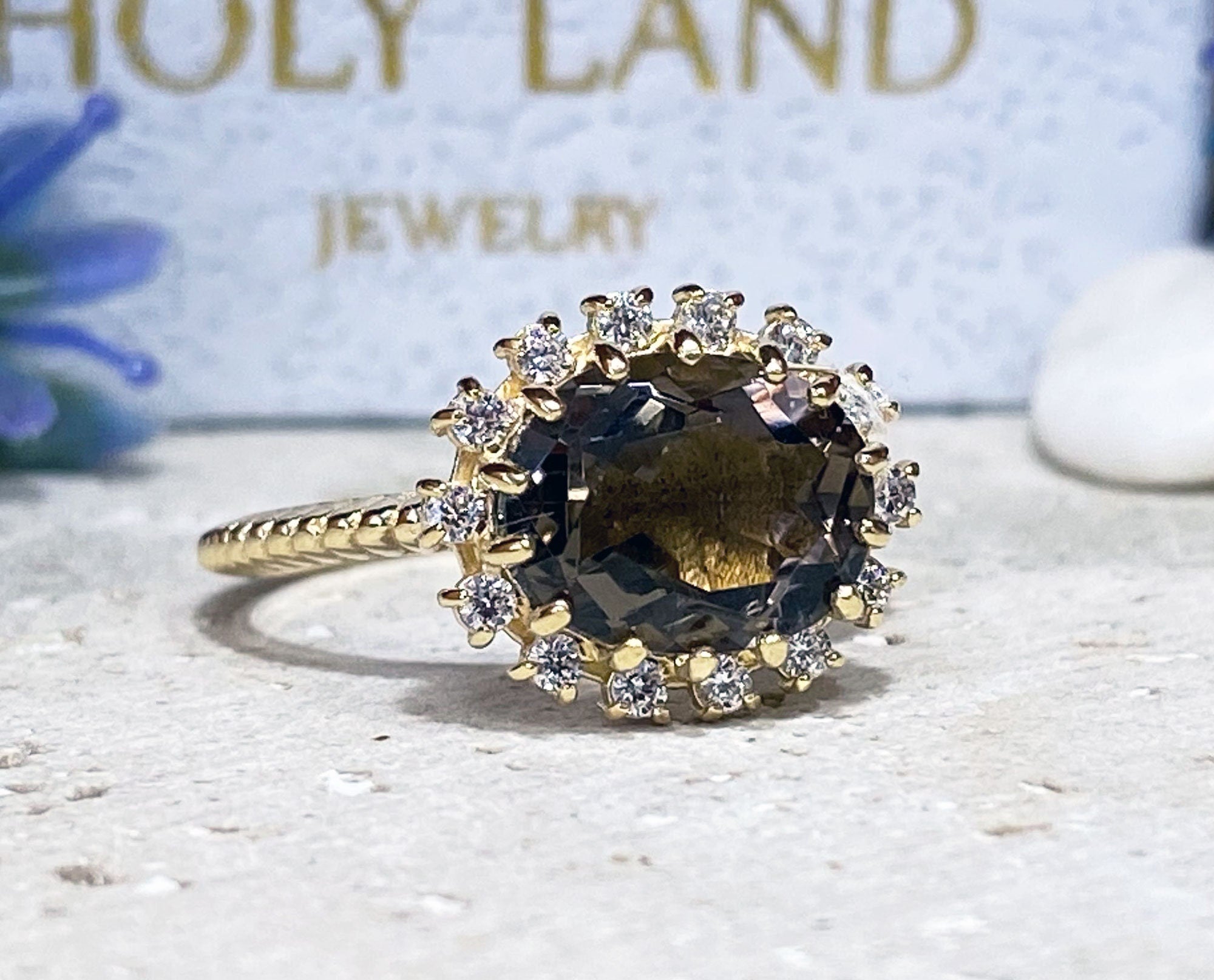 Oval Smoky Quartz Ring with Clear Quartz Halo - H.L.Jewelry