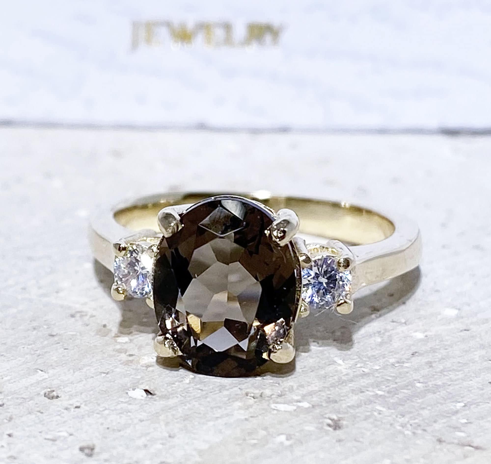 Oval Smoky Quartz Statement Ring with Clear Quartz Accents - H.L.Jewelry