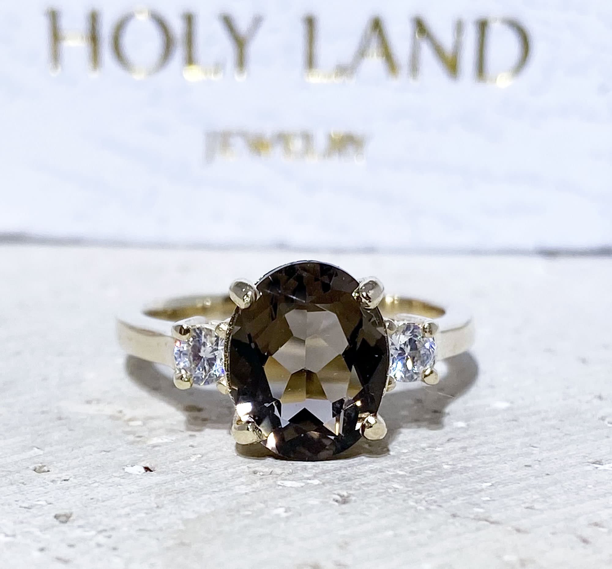 Oval Smoky Quartz Statement Ring with Clear Quartz Accents - H.L.Jewelry