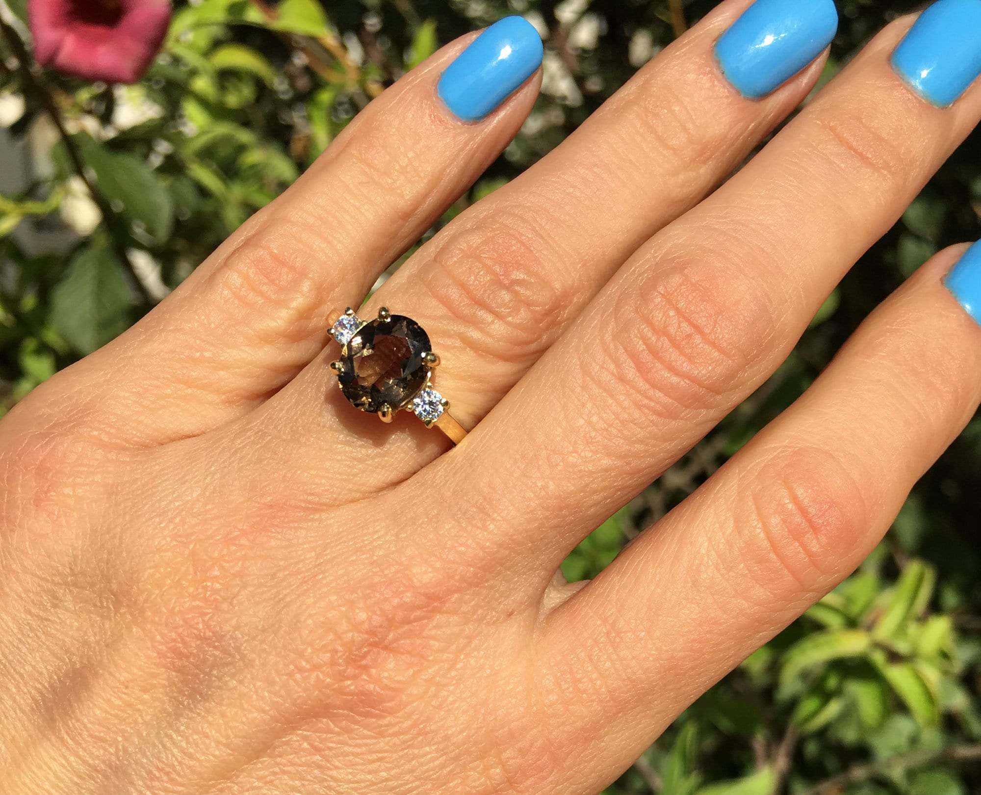 Oval Smoky Quartz Statement Ring with Clear Quartz Accents - H.L.Jewelry