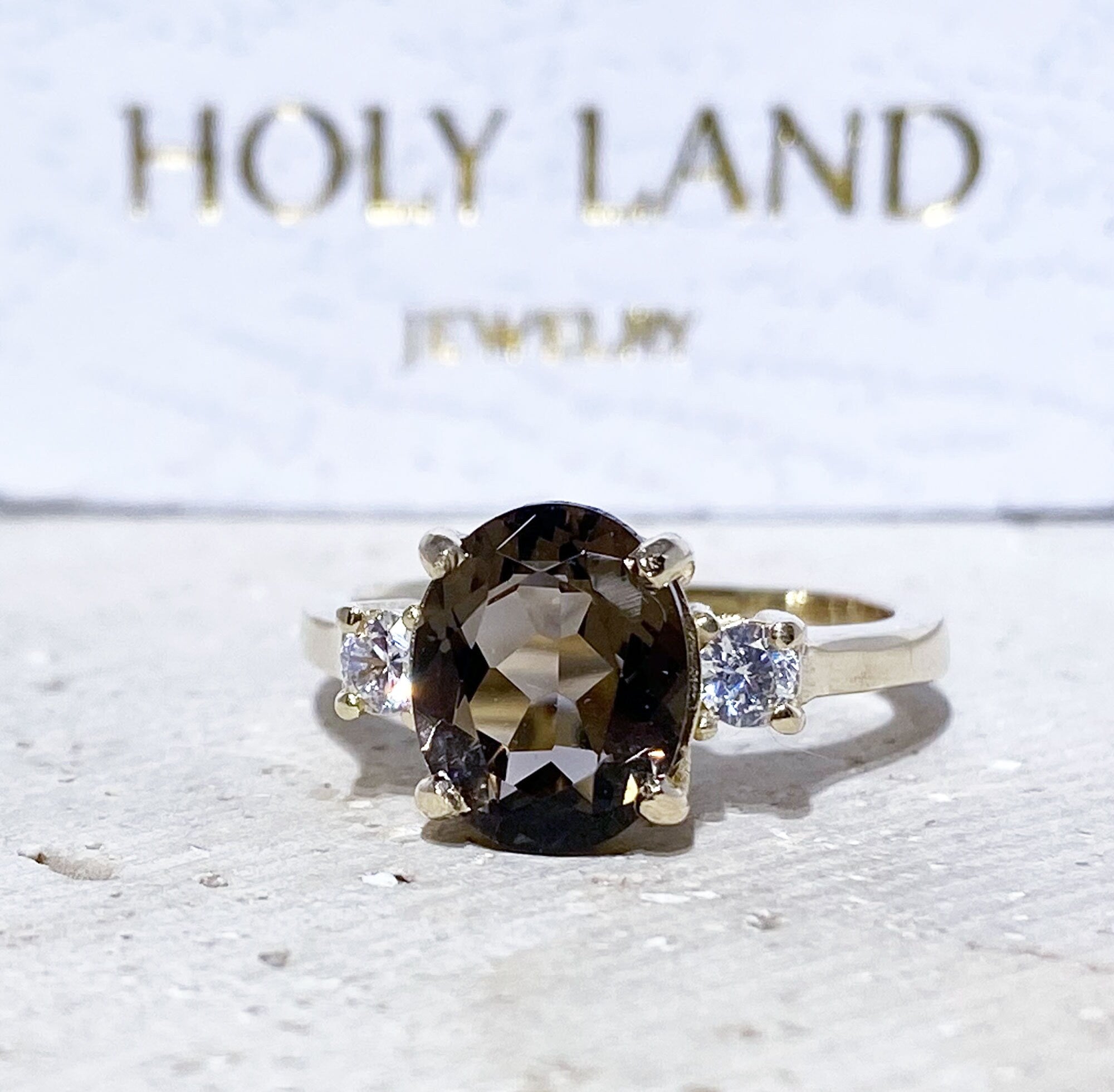 Oval Smoky Quartz Statement Ring with Clear Quartz Accents - H.L.Jewelry