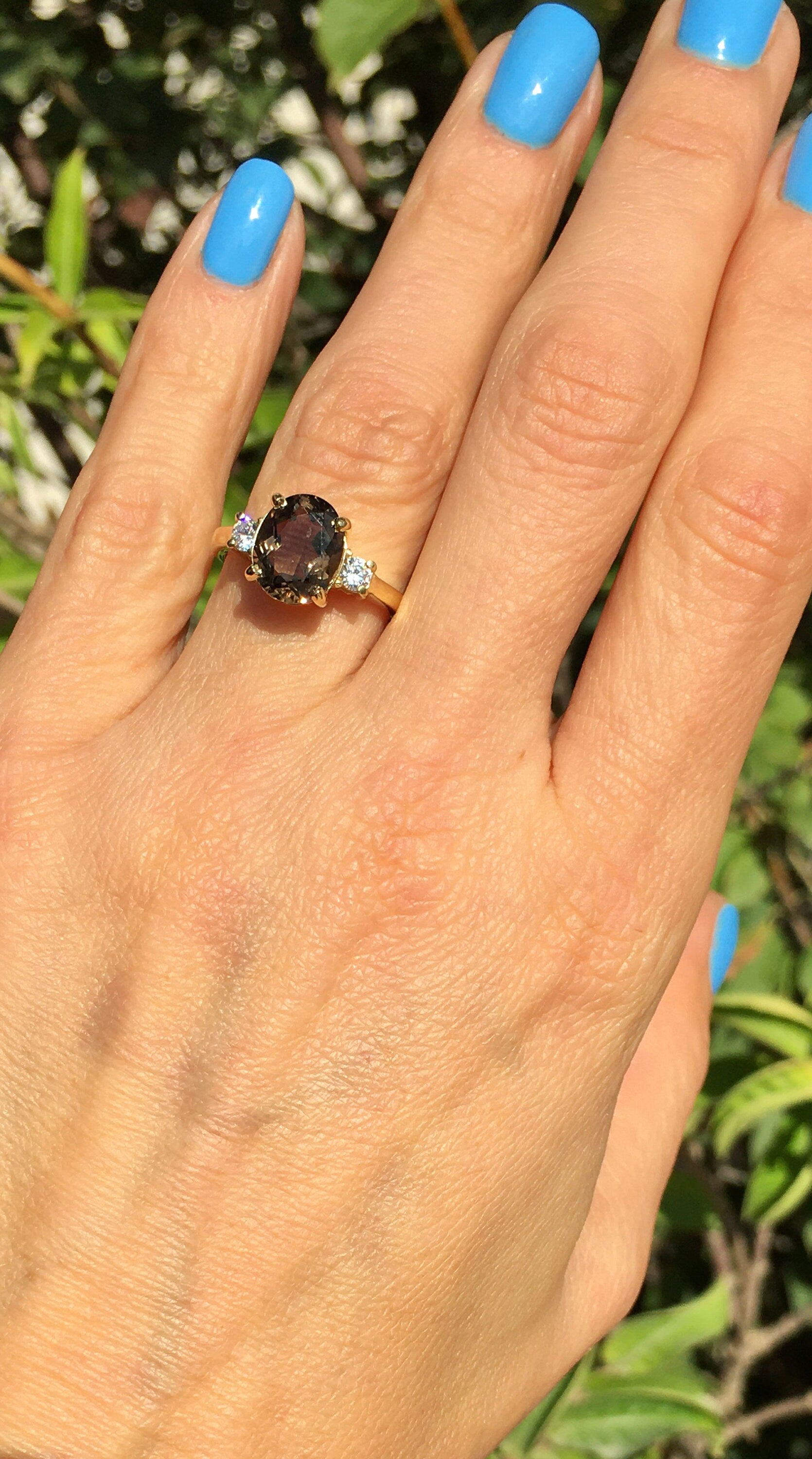 Oval Smoky Quartz Statement Ring with Clear Quartz Accents - H.L.Jewelry