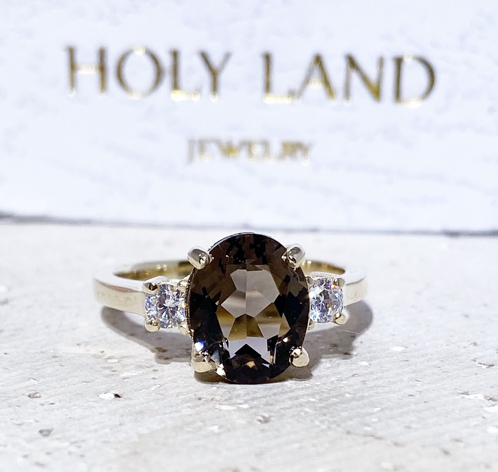 Oval Smoky Quartz Statement Ring with Clear Quartz Accents - H.L.Jewelry