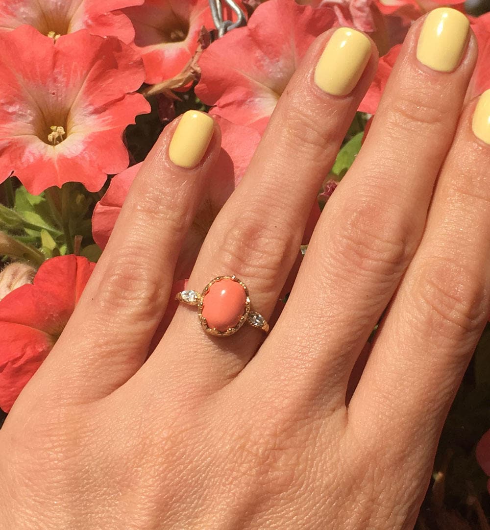 Peach Coral Vintage Oval Crown Ring with Clear Quartz Accents - H.L.Jewelry