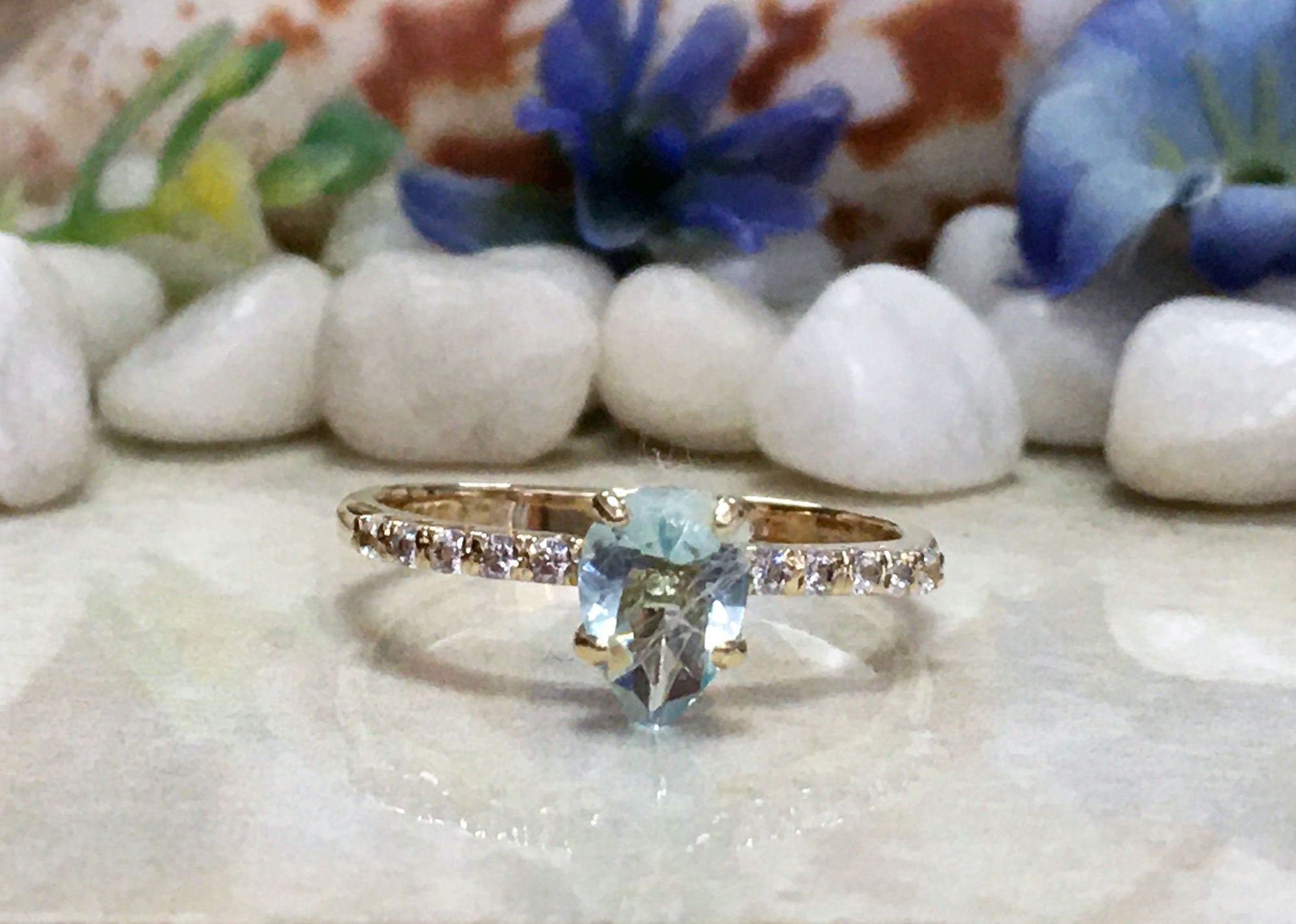 Pear Shape Aquamarine Delicate Ring with Clear Quartz Accents - H.L.Jewelry