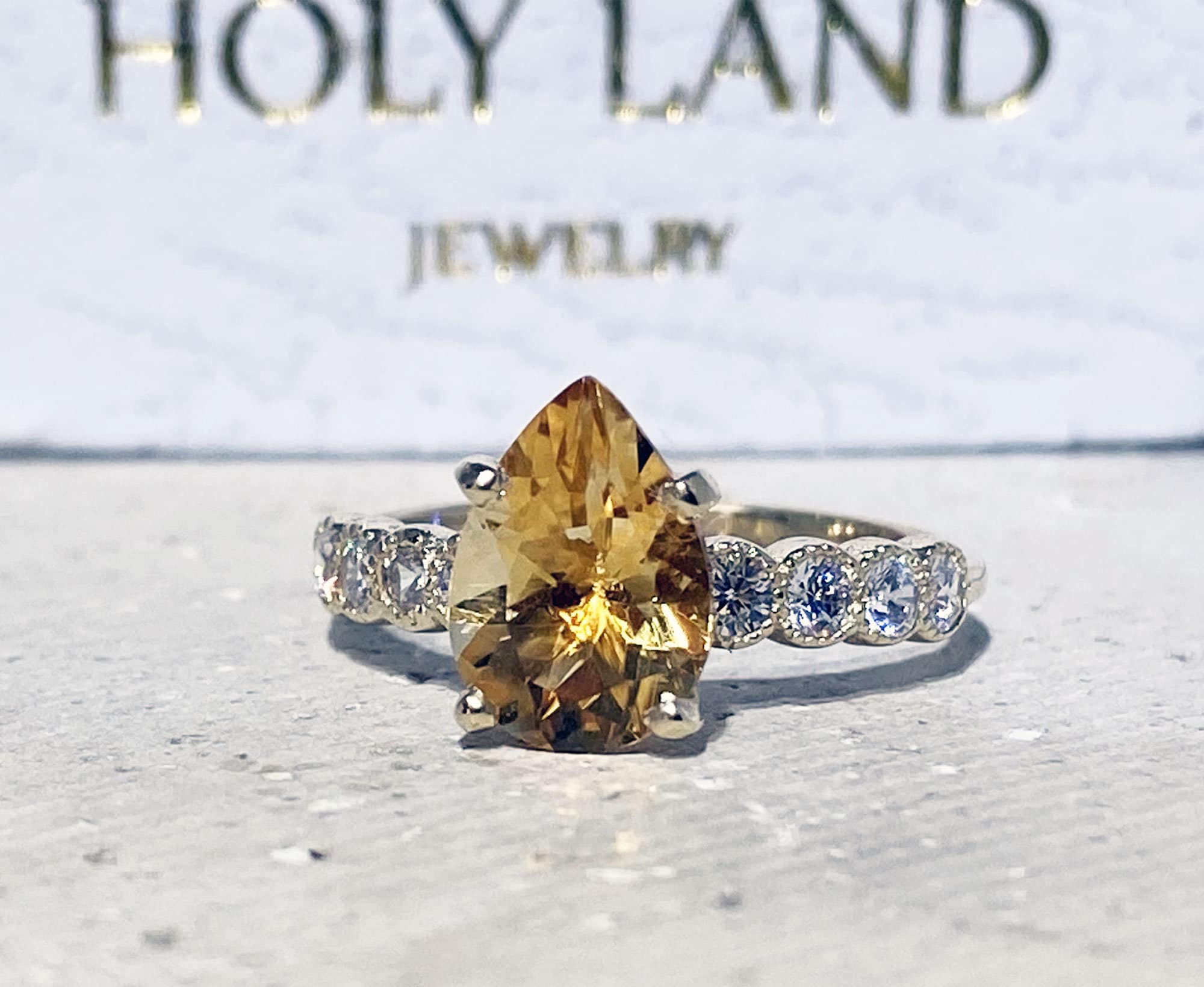 Pear Shape Citrine Engagement Ring with Clear Quartz Accents - H.L.Jewelry