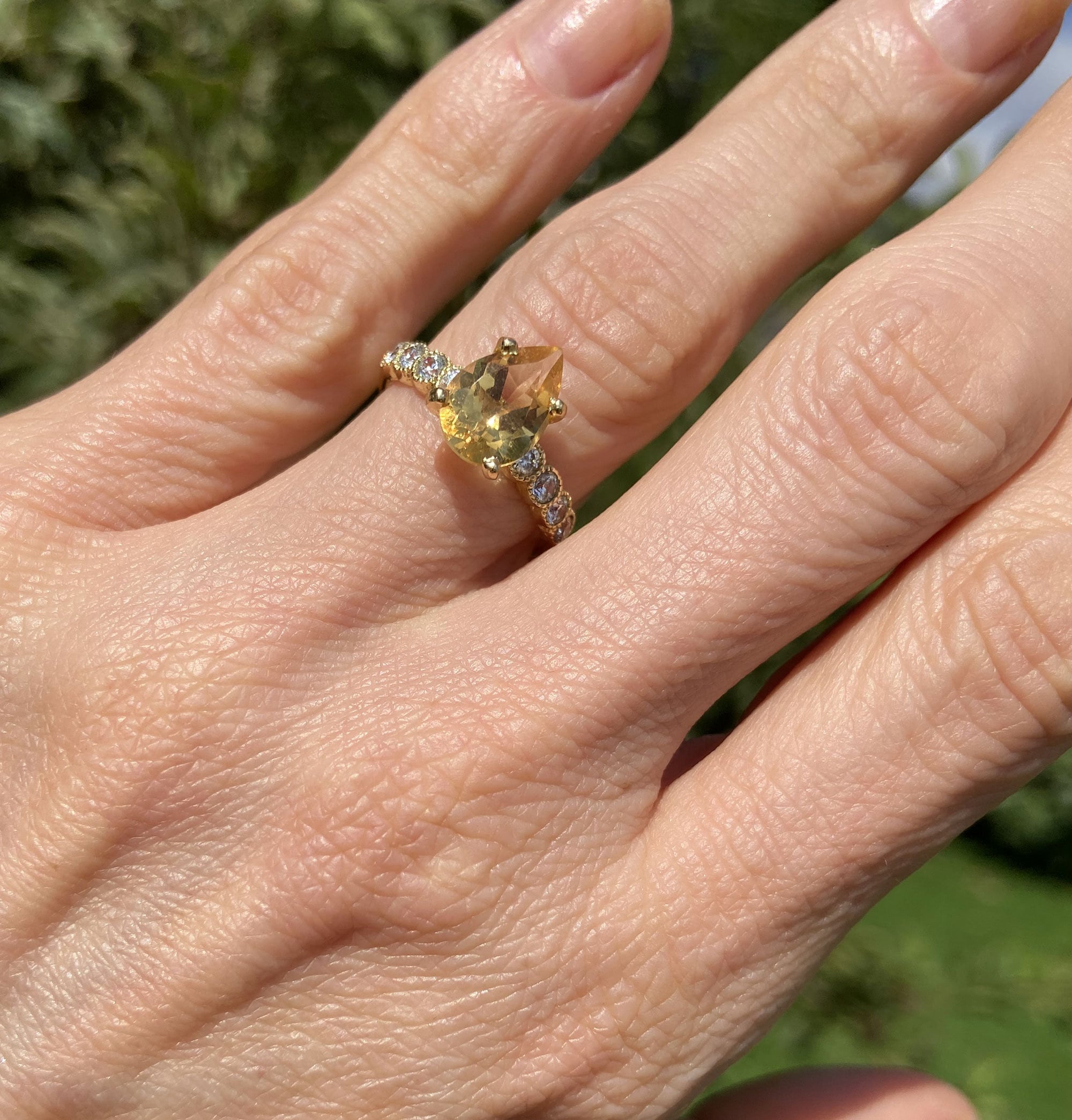 Pear Shape Citrine Engagement Ring with Clear Quartz Accents - H.L.Jewelry