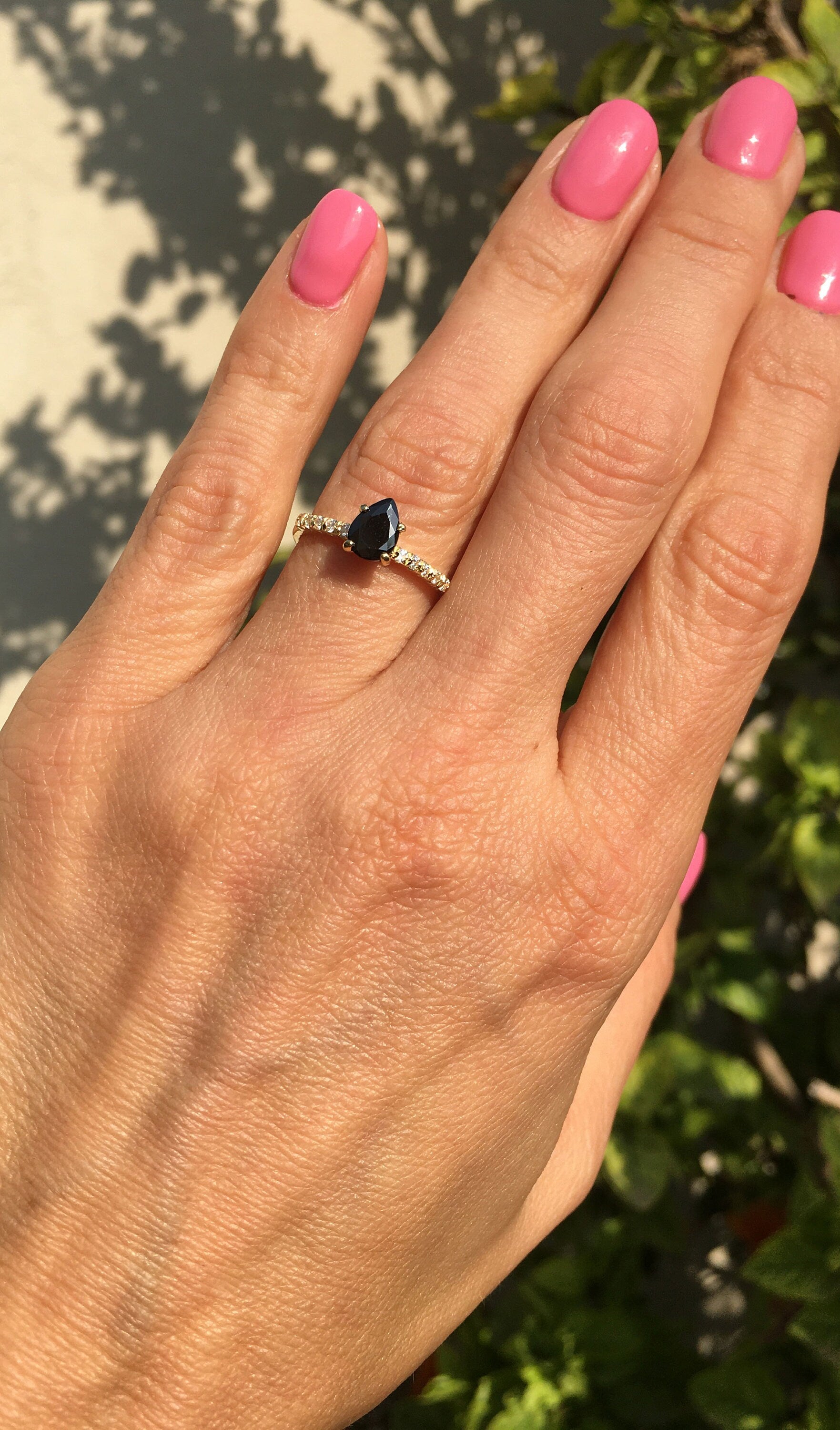 Pear-Shaped Black Onyx Delicate Ring with Clear Quartz Accents - H.L.Jewelry