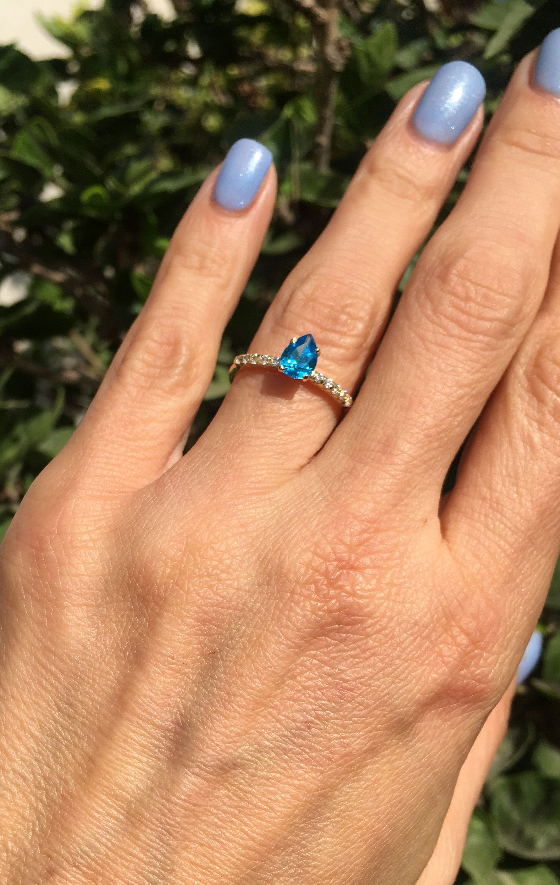 Pear-Shaped Blue Topaz Delicate Ring with Clear Quartz Accents - H.L.Jewelry