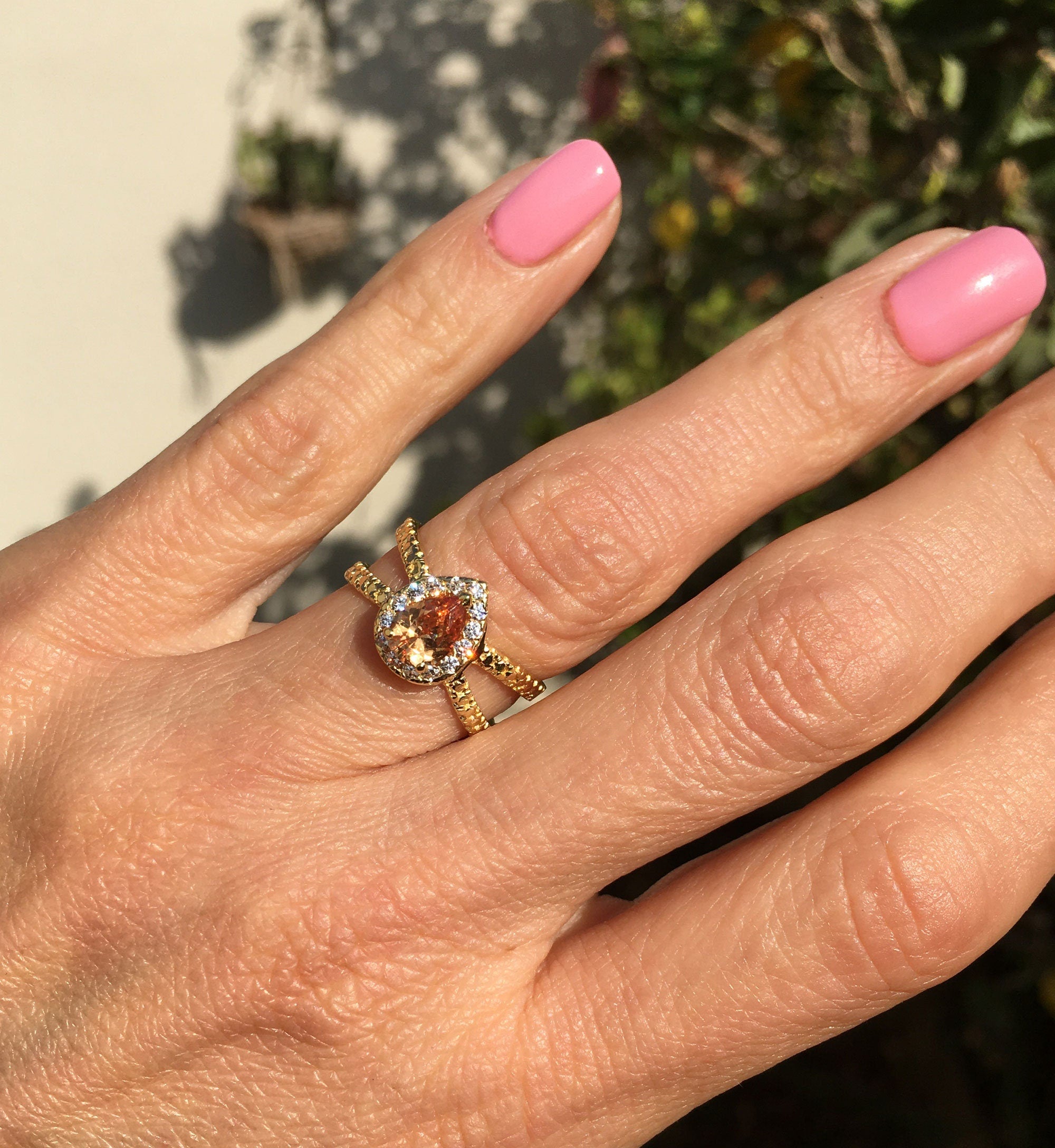 Pear-Shaped Citrine Ring with Clear Quartz Halo - H.L.Jewelry