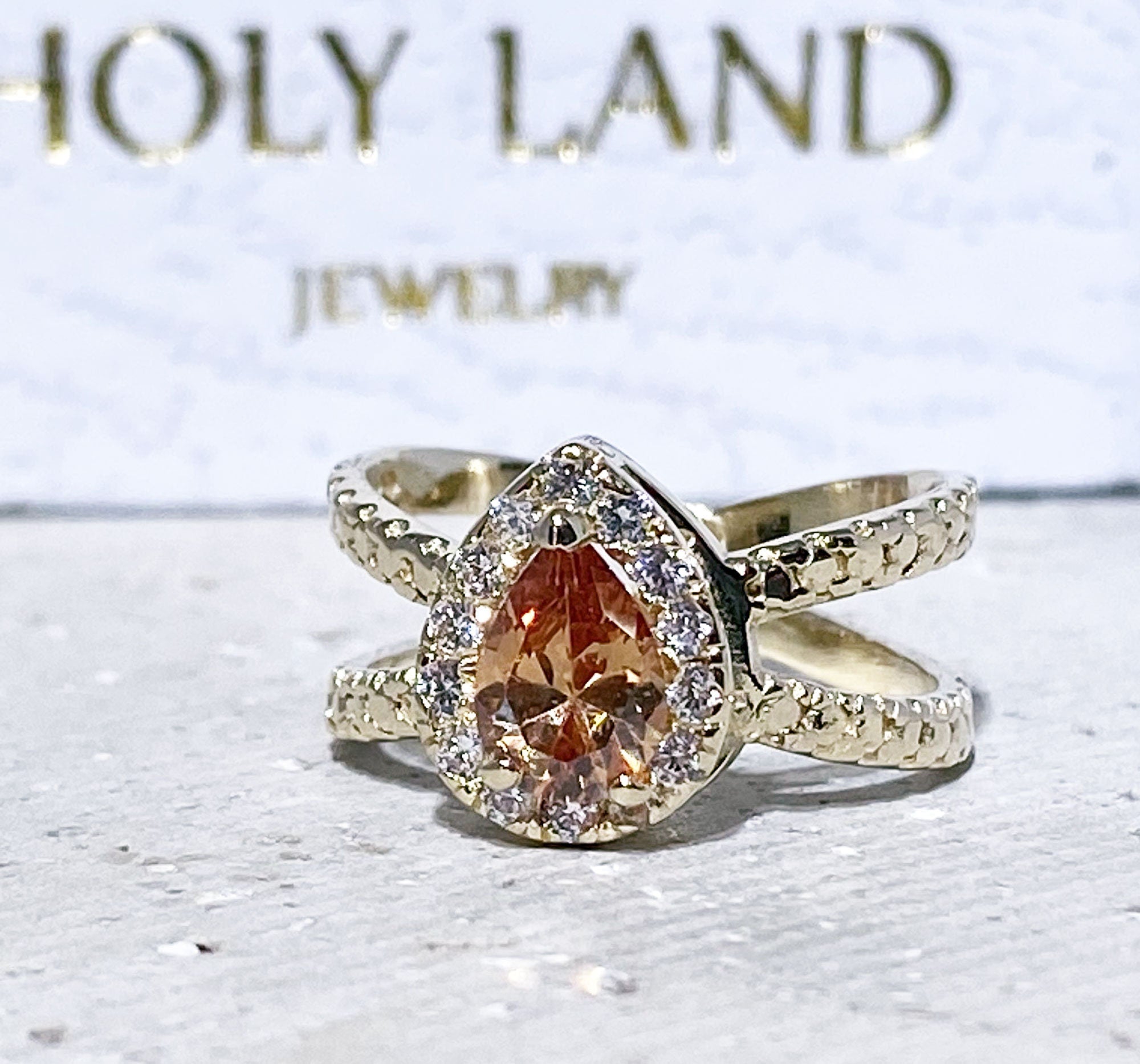 Pear-Shaped Citrine Ring with Clear Quartz Halo - H.L.Jewelry