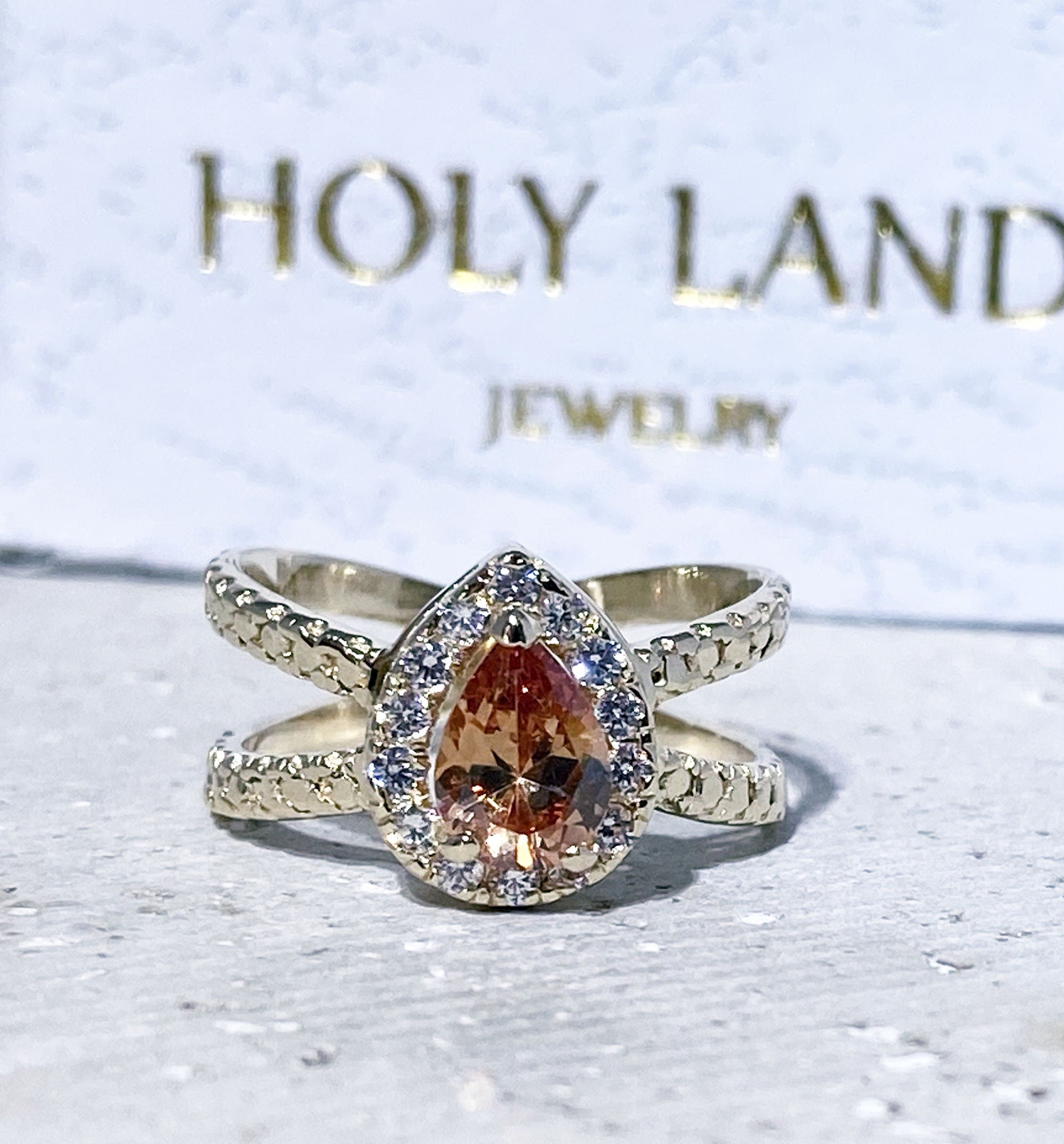 Pear-Shaped Citrine Ring with Clear Quartz Halo - H.L.Jewelry