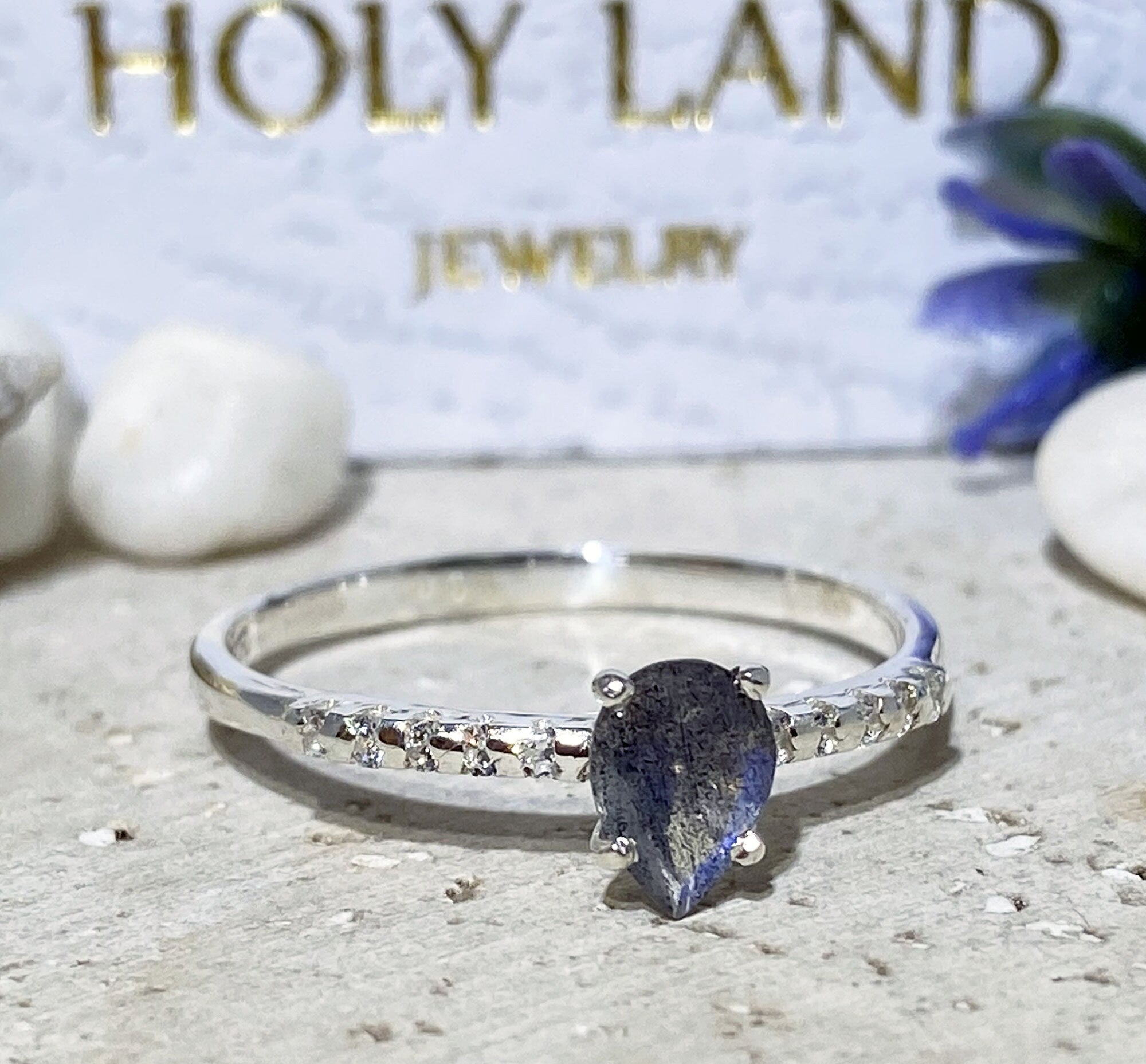 Pear-Shaped Labradorite Delicate Ring with Clear Quartz Accents - H.L.Jewelry