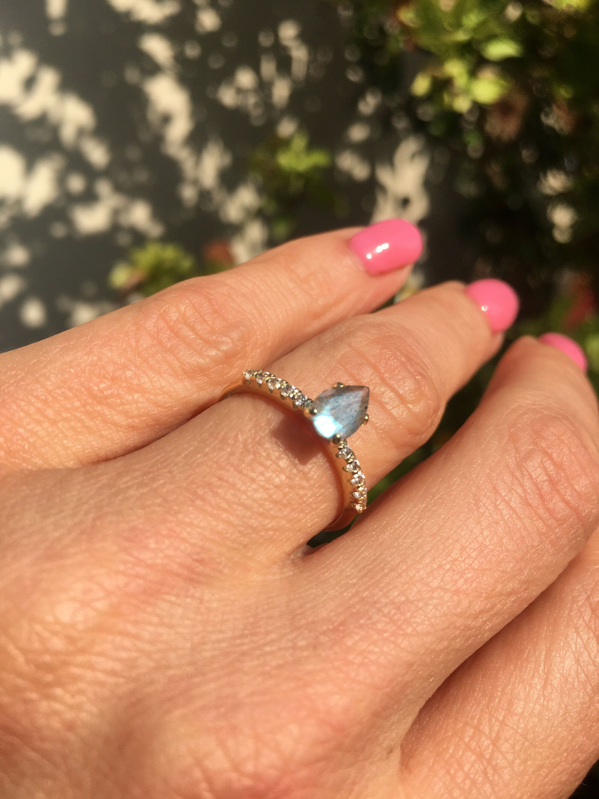Pear-Shaped Labradorite Delicate Ring with Clear Quartz Accents - H.L.Jewelry