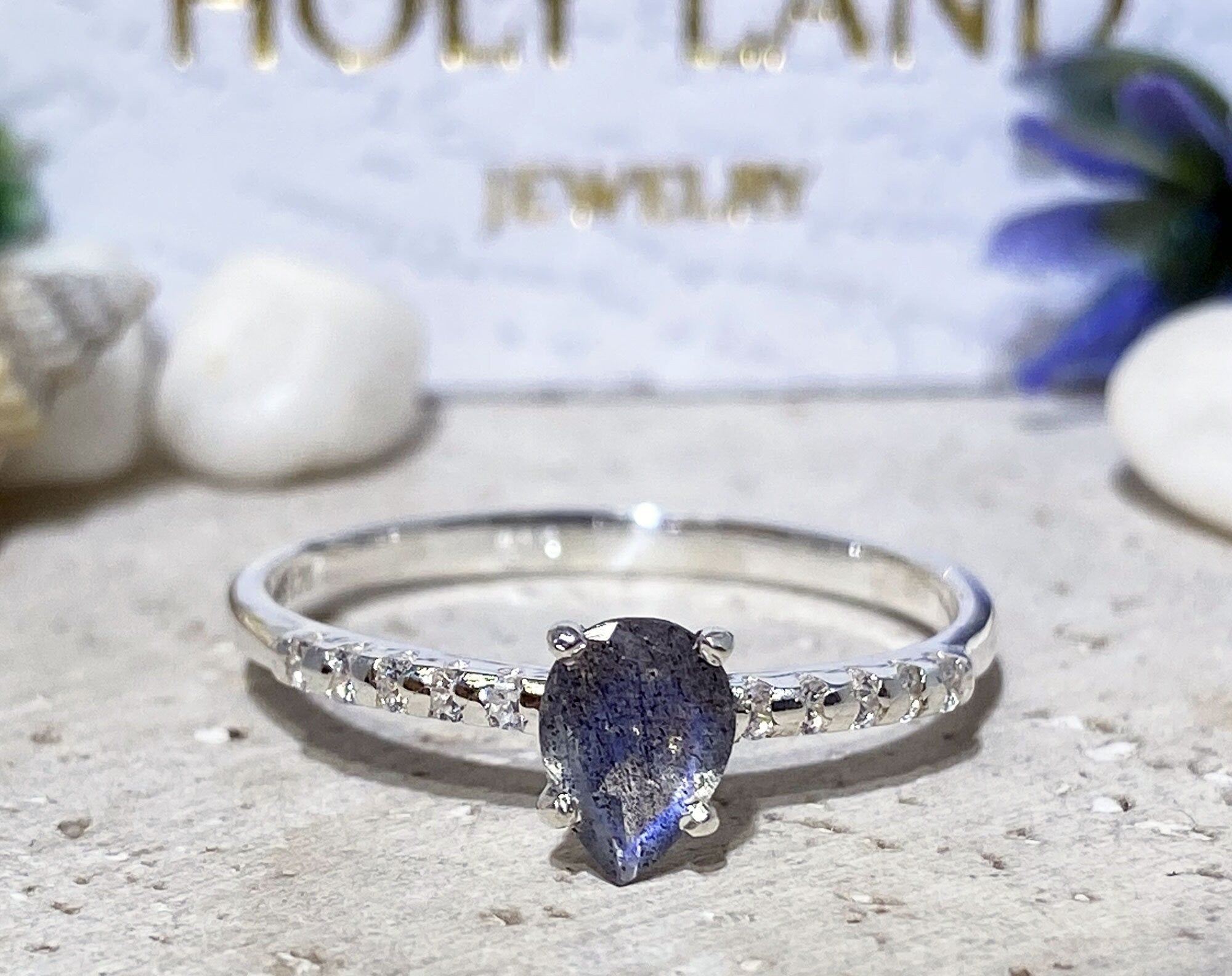 Pear-Shaped Labradorite Delicate Ring with Clear Quartz Accents - H.L.Jewelry