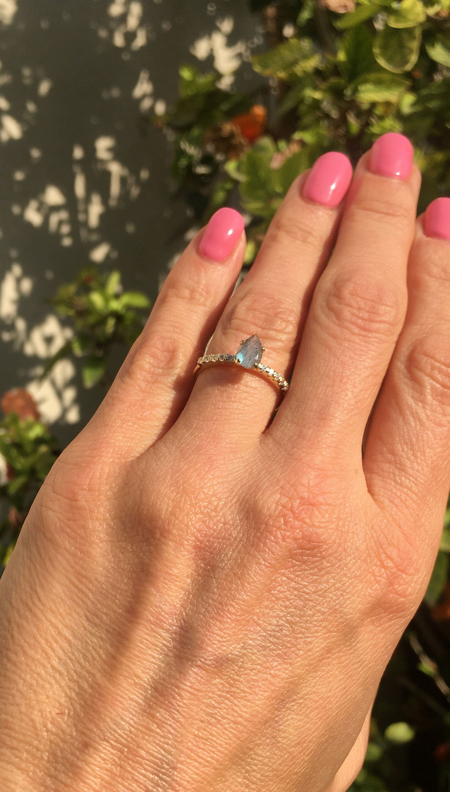 Pear-Shaped Labradorite Delicate Ring with Clear Quartz Accents - H.L.Jewelry