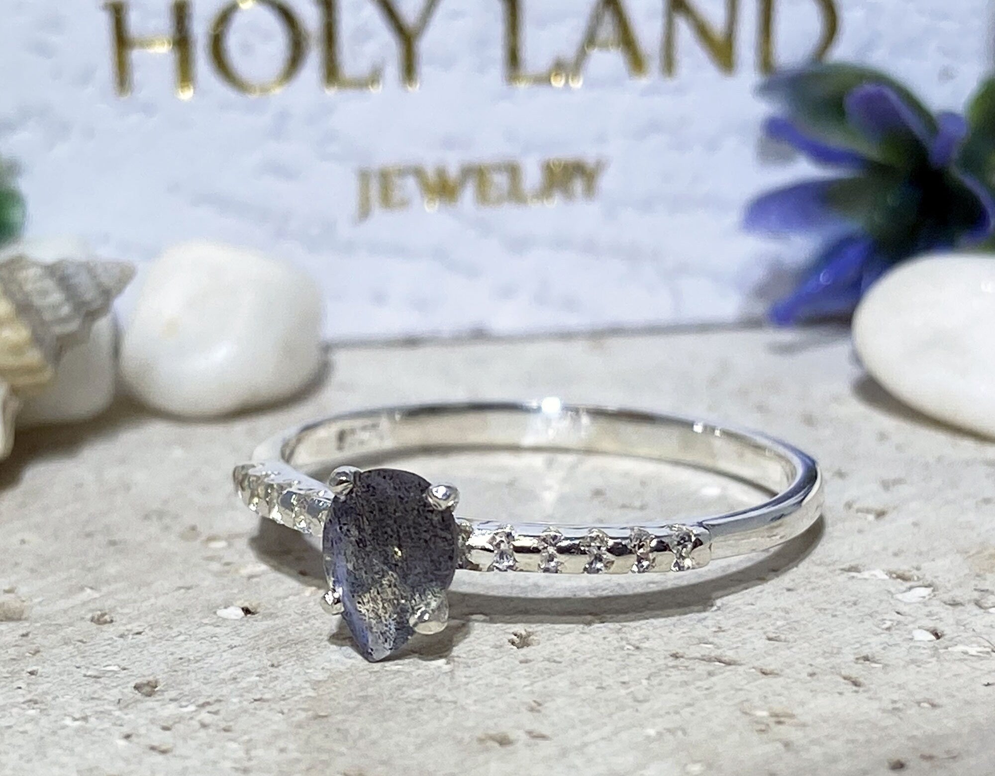 Pear-Shaped Labradorite Delicate Ring with Clear Quartz Accents - H.L.Jewelry