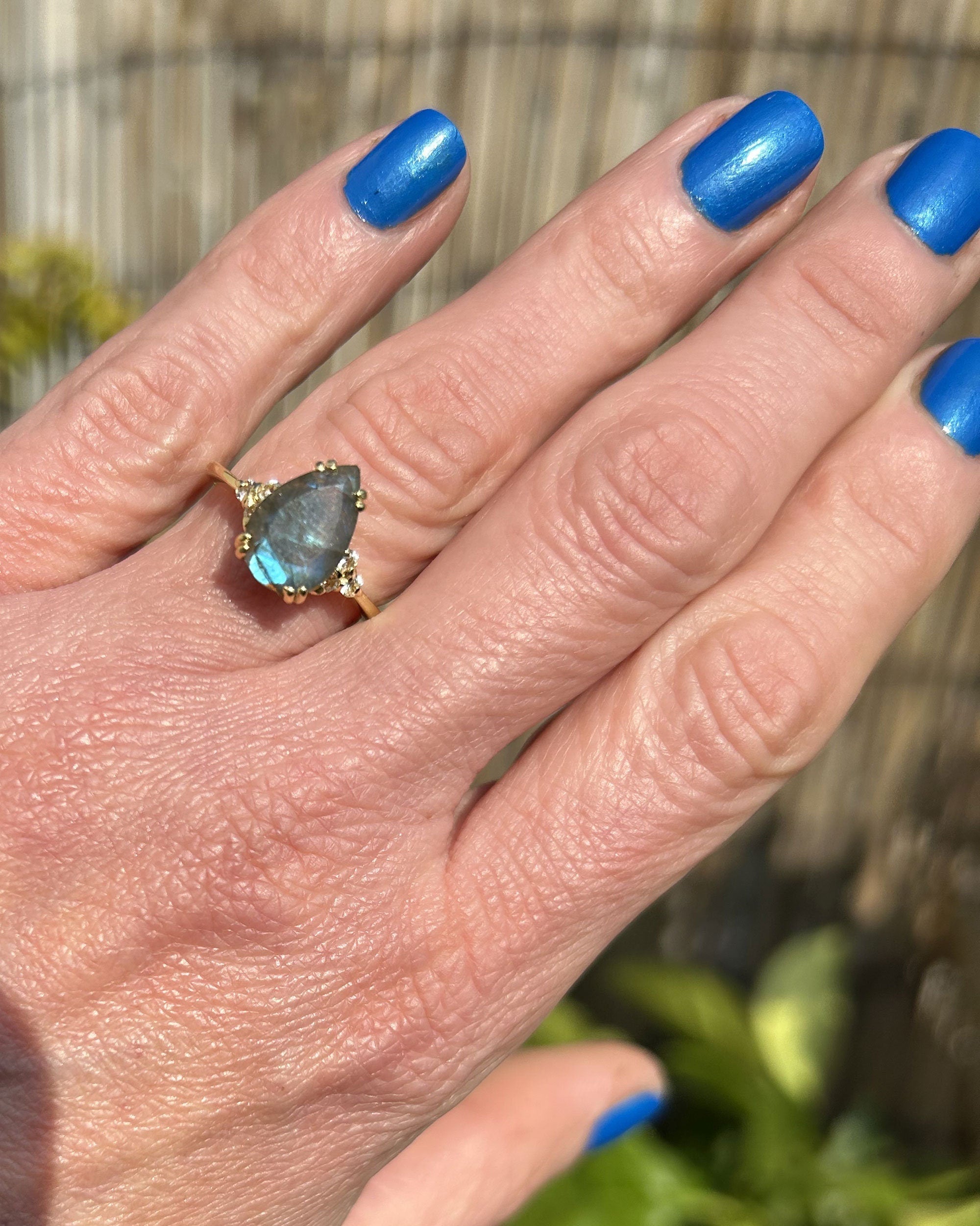 Pear-Shaped Labradorite Engagement Ring with Clear Quartz Accents - H.L.Jewelry
