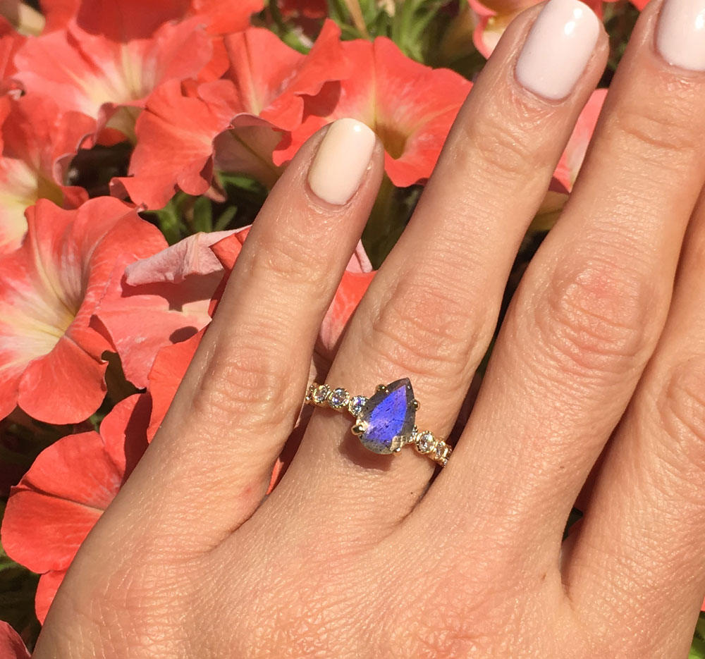 Pear-Shaped Labradorite Engagement Ring with Clear Quartz Accents - H.L.Jewelry