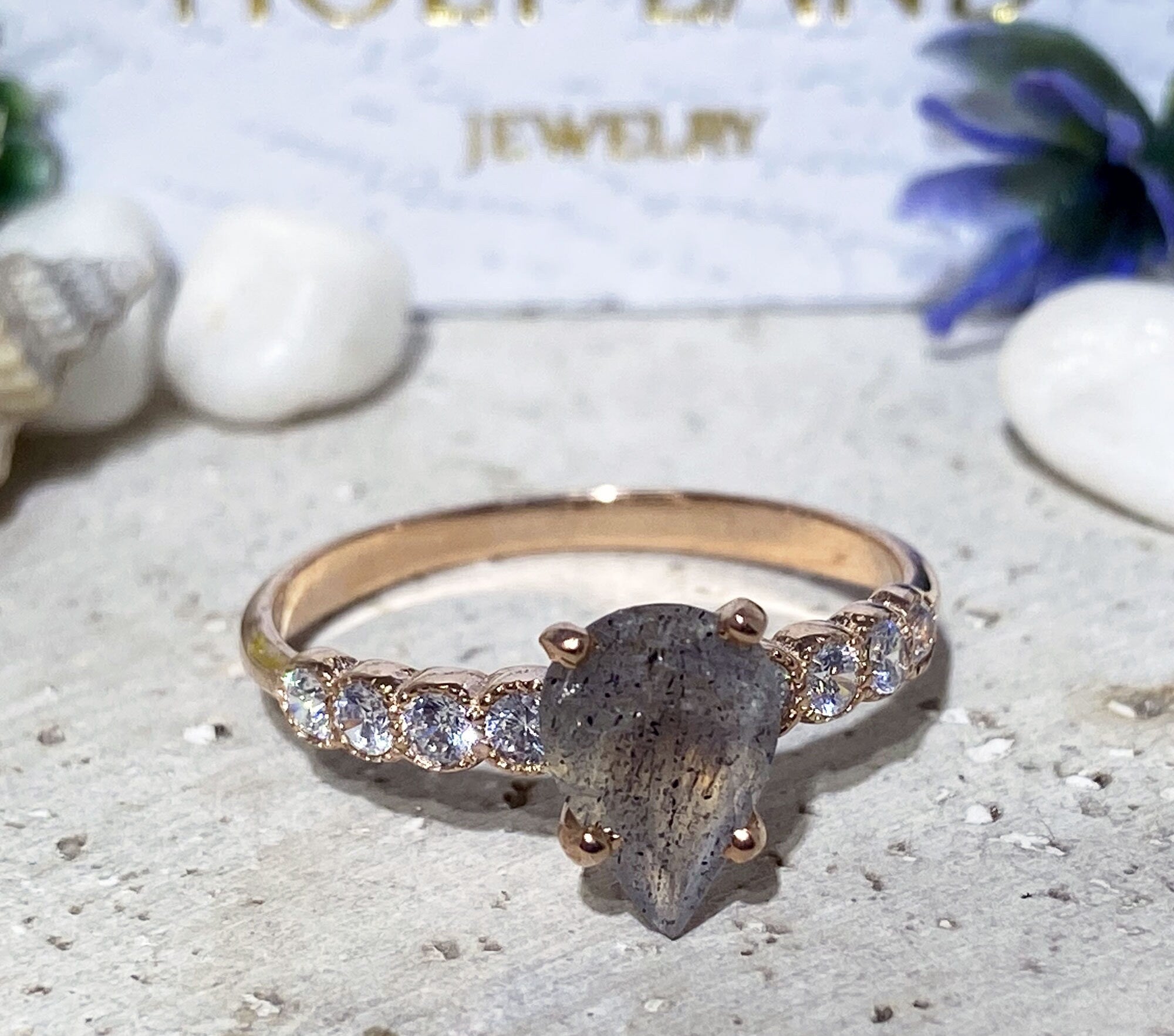 Pear-Shaped Labradorite Engagement Ring with Clear Quartz Accents - H.L.Jewelry