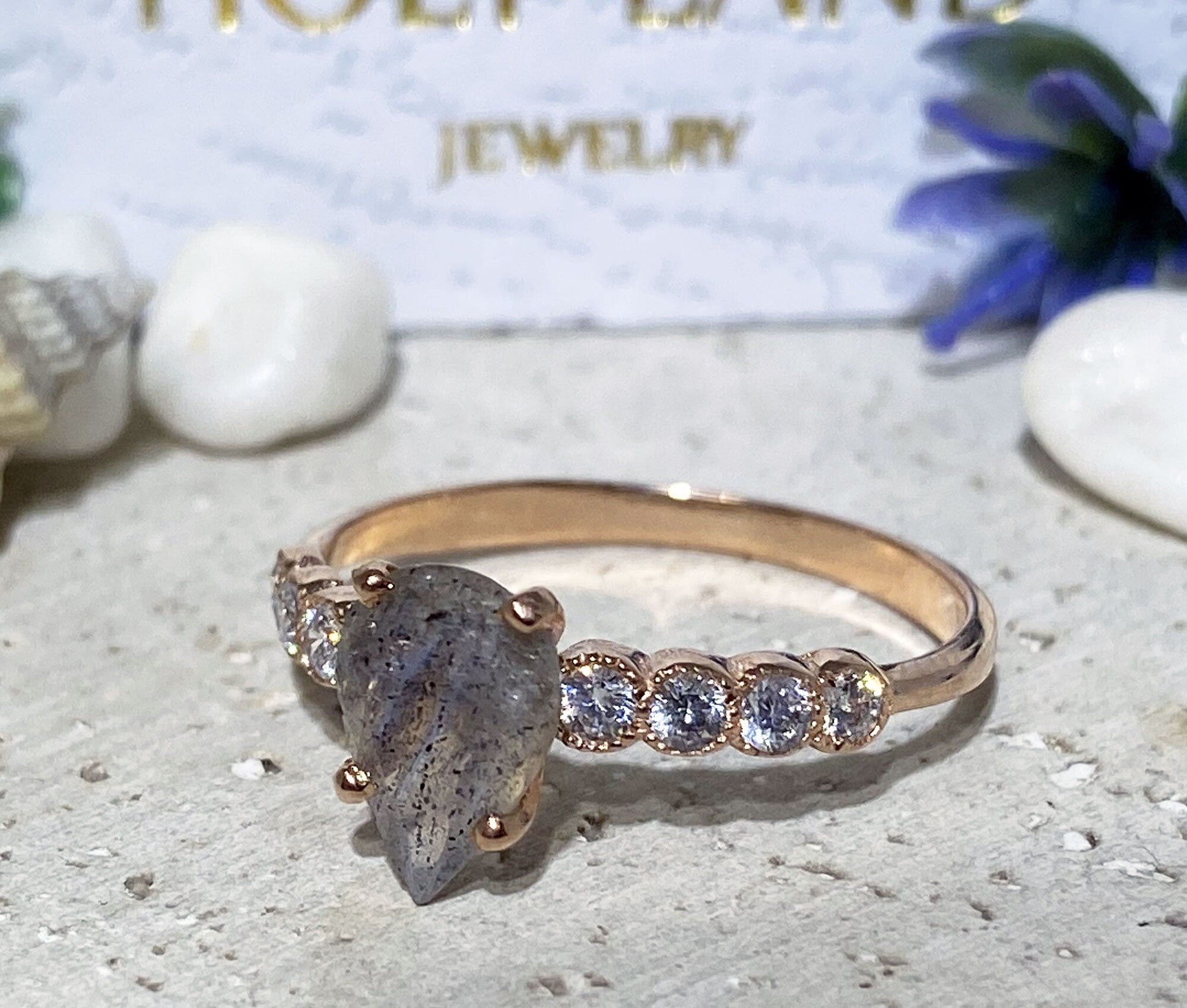 Pear-Shaped Labradorite Engagement Ring with Clear Quartz Accents - H.L.Jewelry
