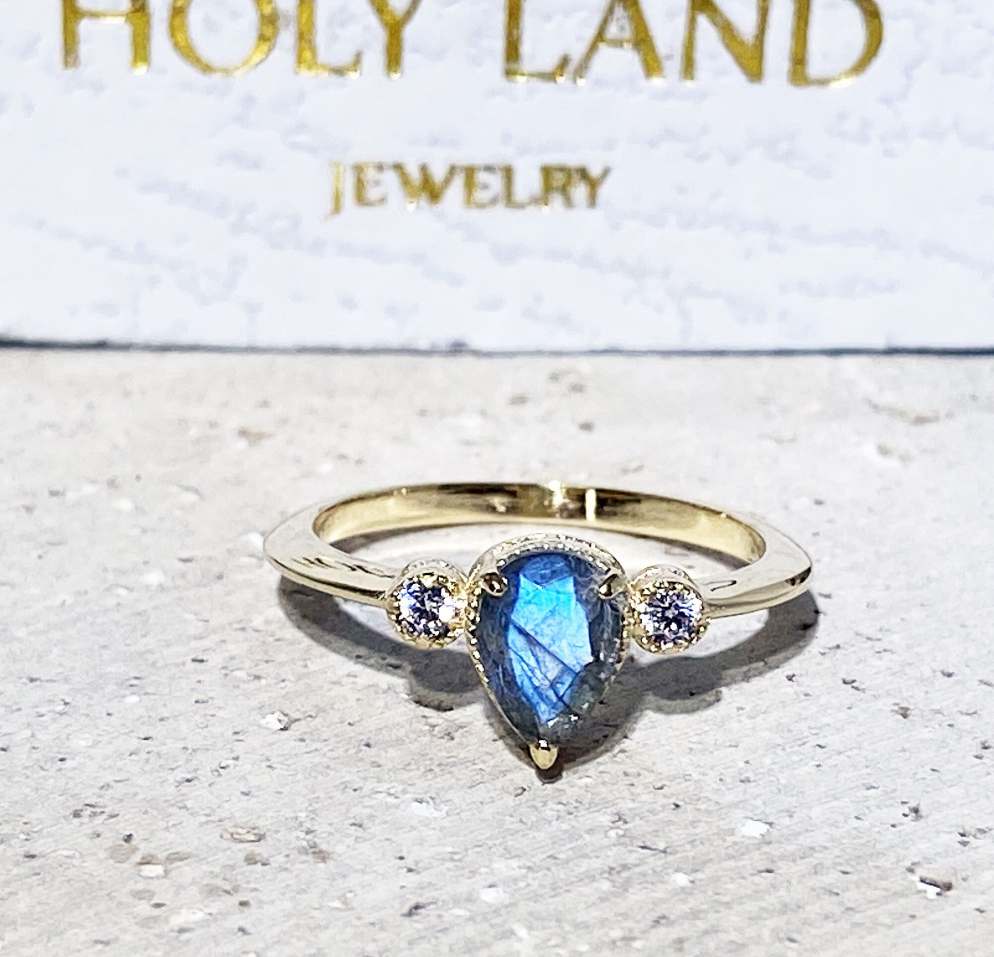Pear-Shaped Labradorite Simple Ring with Clear Quartz Accents - H.L.Jewelry