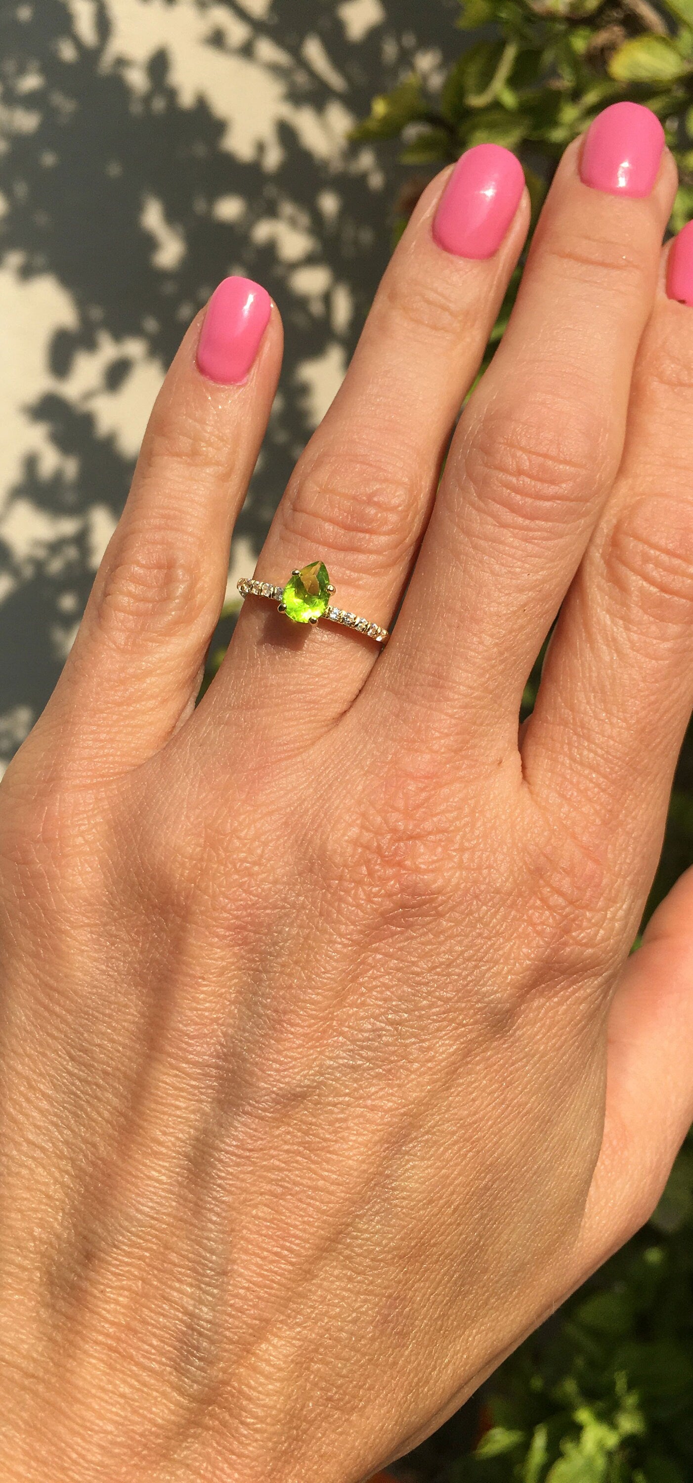 Pear-Shaped Peridot Delicate Ring with Clear Quartz Accents - H.L.Jewelry