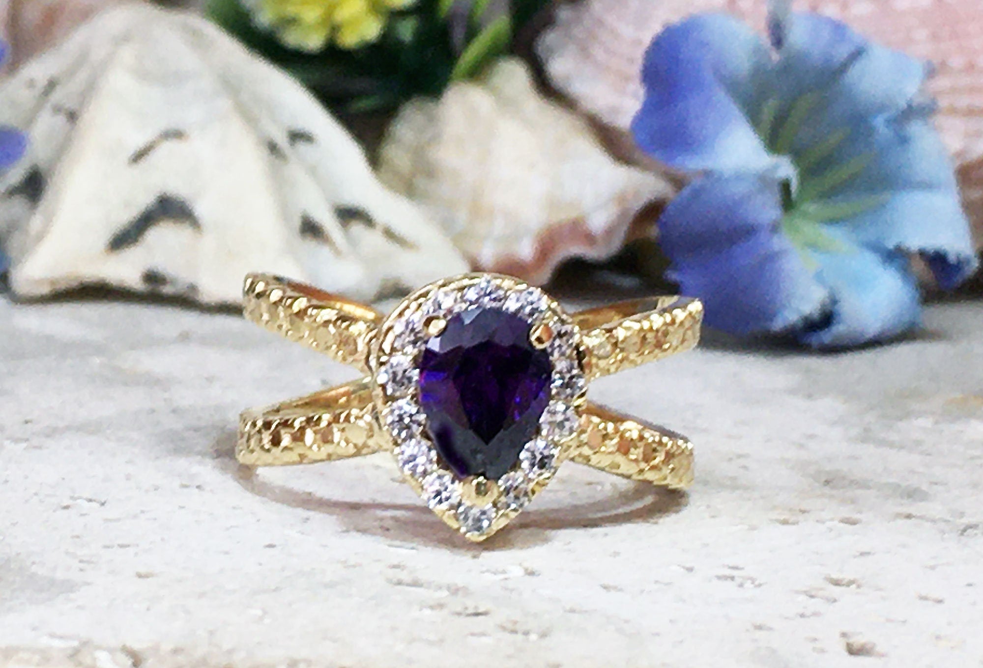 Pear-Shaped Purple Amethyst Ring with Clear Quartz Halo - H.L.Jewelry