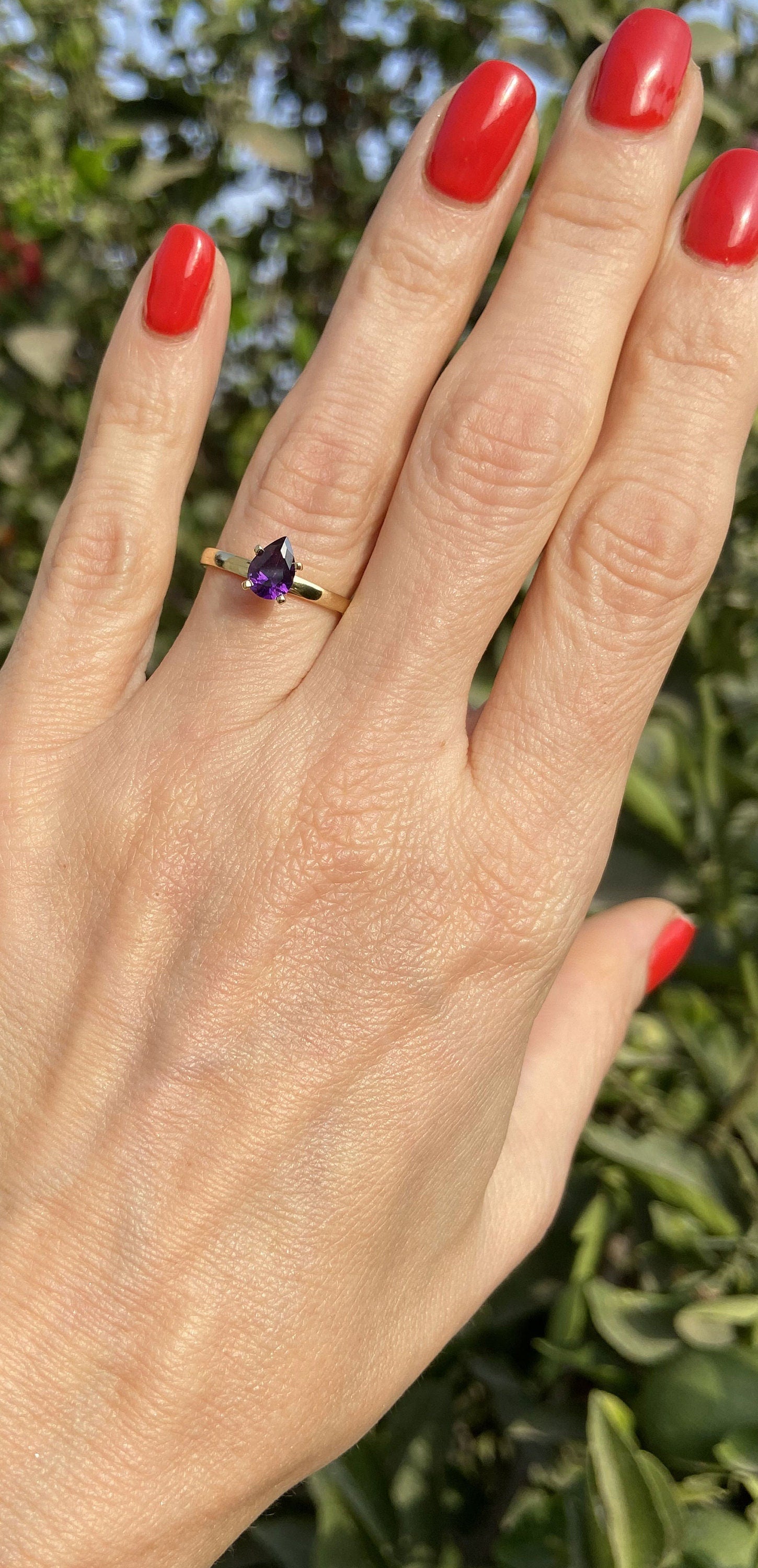 Pear-Shaped Purple Amethyst Simple Solitaire Ring - H.L.Jewelry