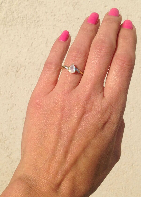 Pear-Shaped Rainbow Moonstone Delicate Ring with Clear Quartz Accents - H.L.Jewelry