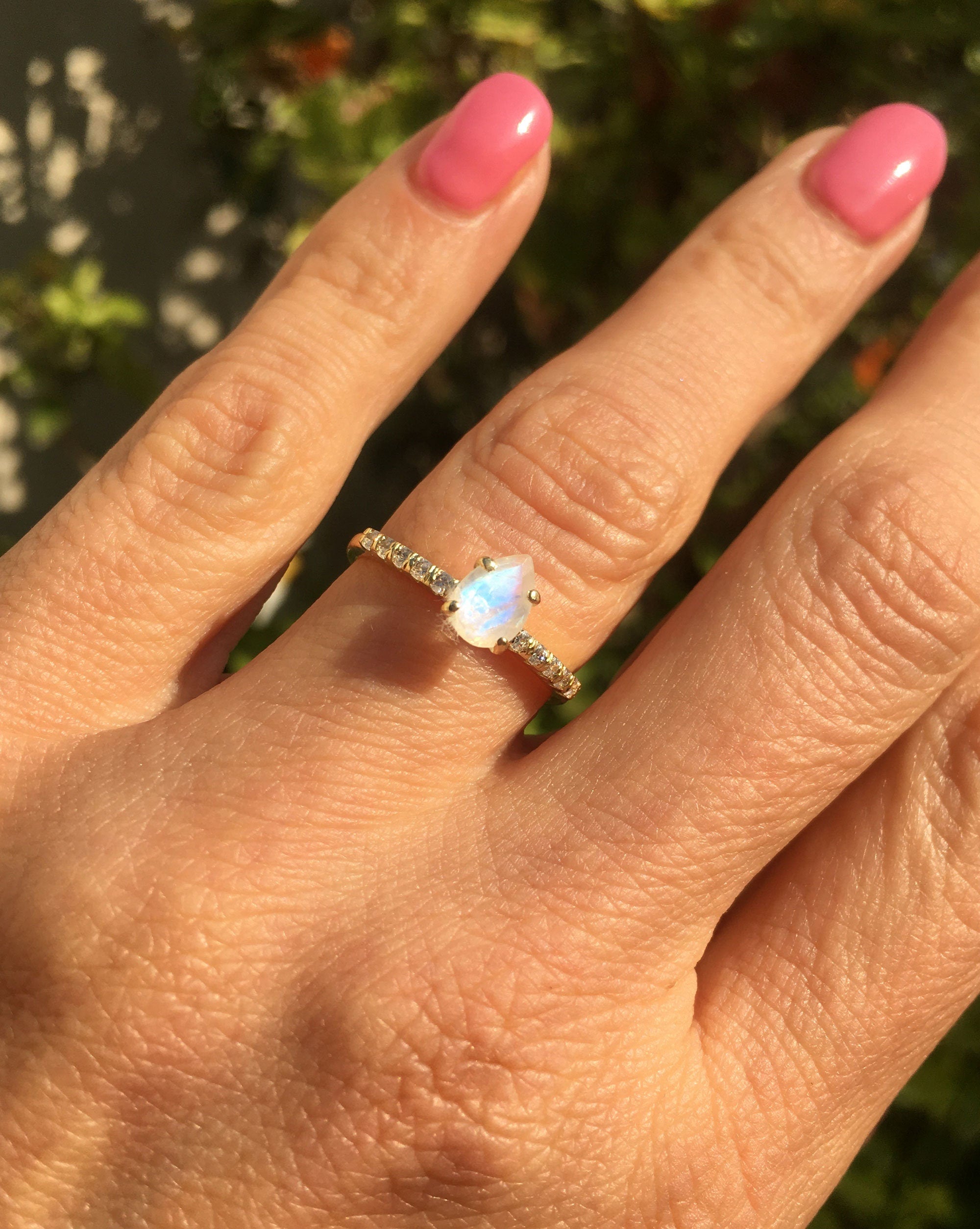Pear-Shaped Rainbow Moonstone Delicate Ring with Clear Quartz Accents - H.L.Jewelry