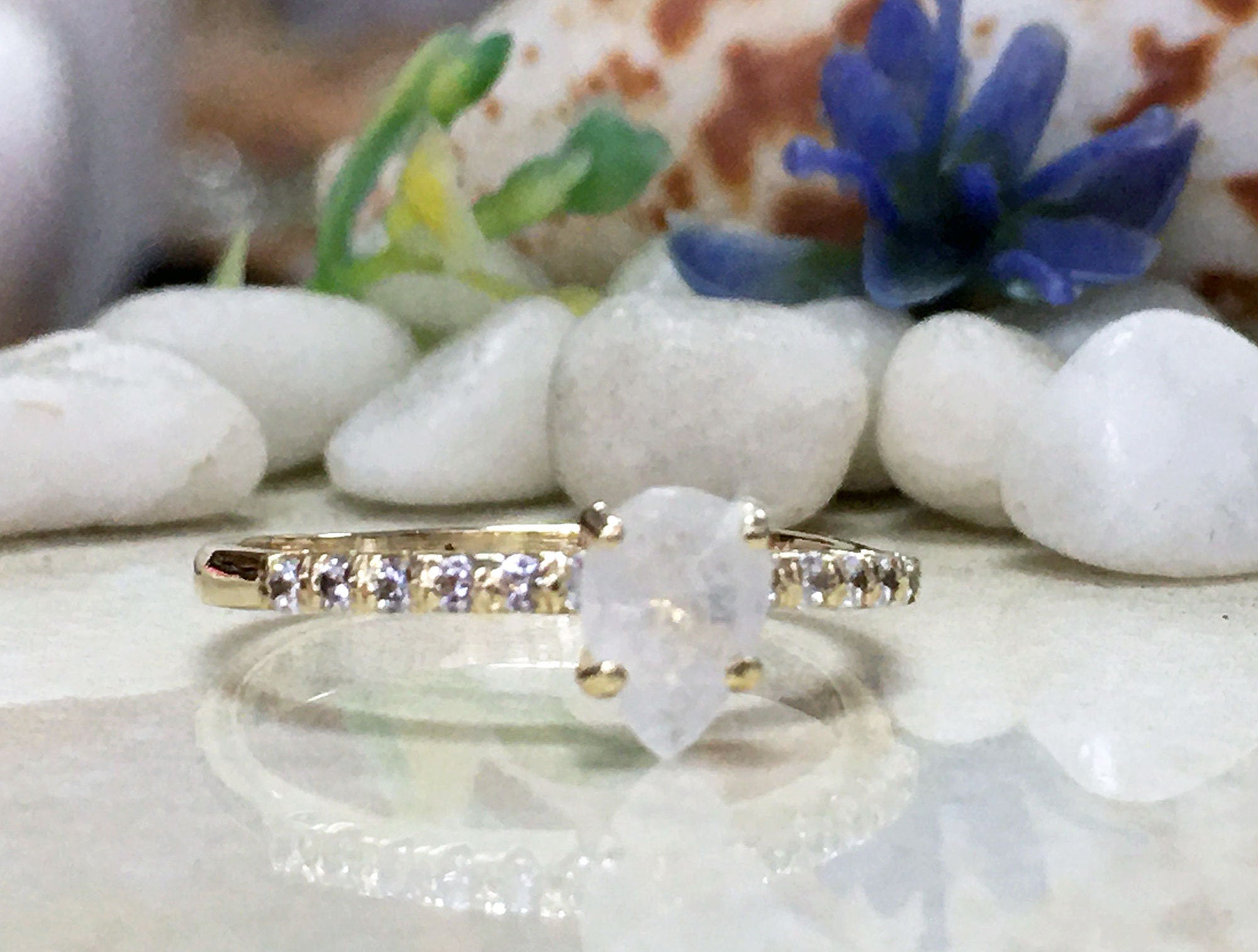 Pear-Shaped Rainbow Moonstone Delicate Ring with Clear Quartz Accents - H.L.Jewelry